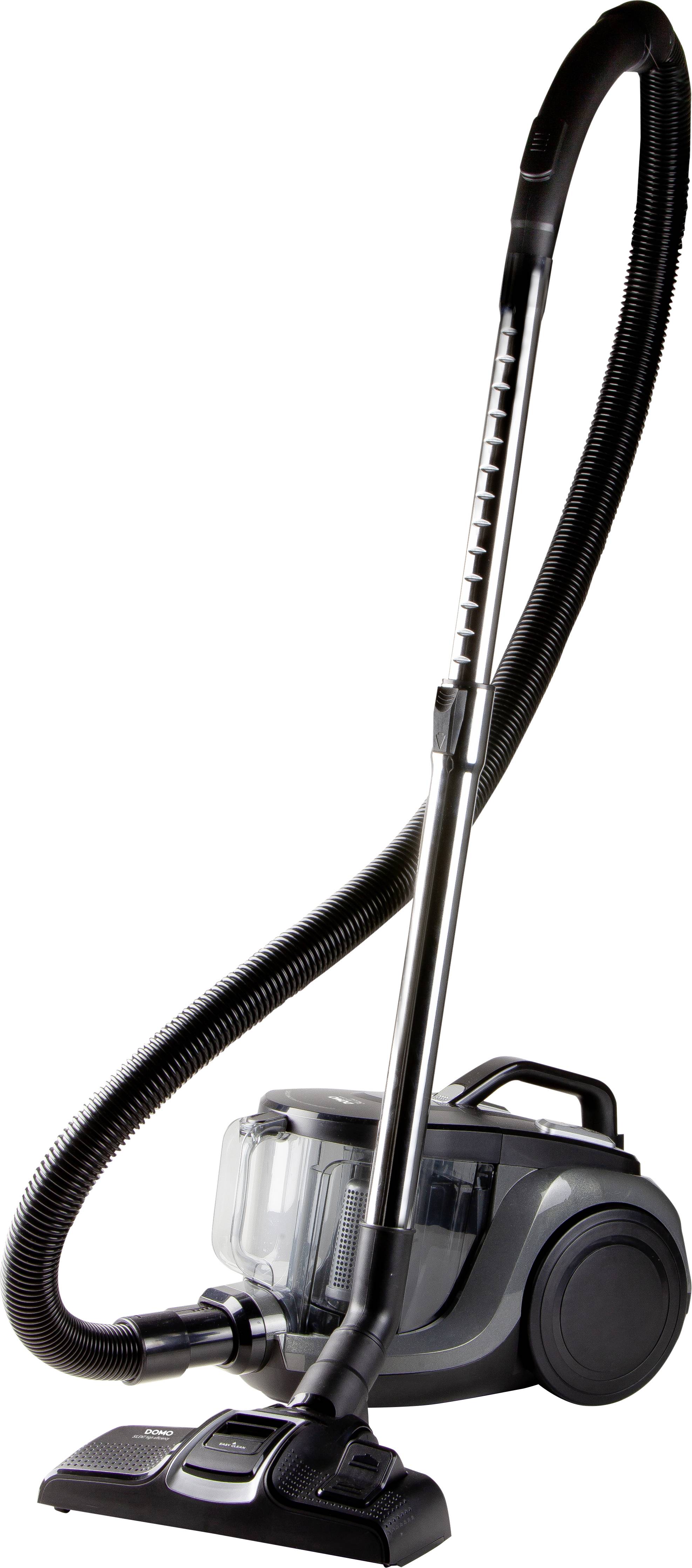 Un aspirateur noir sans sac, équipé d'un long tuyau et d'une grande buse de sol, idéal pour le nettoyage des sols.