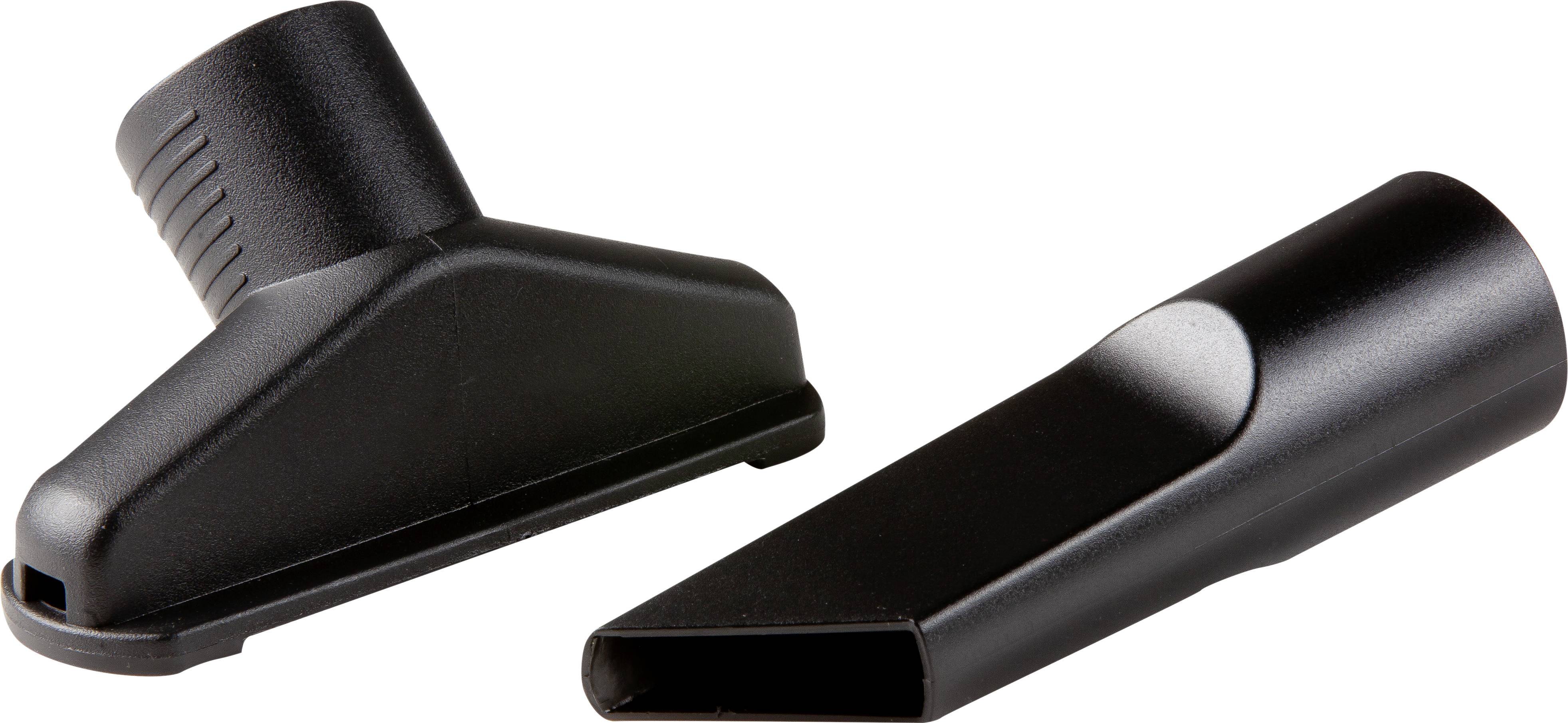 Deux buses d'aspirateur noires : à gauche une brosse à poussière, à droite une buse d'angle, toutes deux adaptées à différents types de nettoyage.