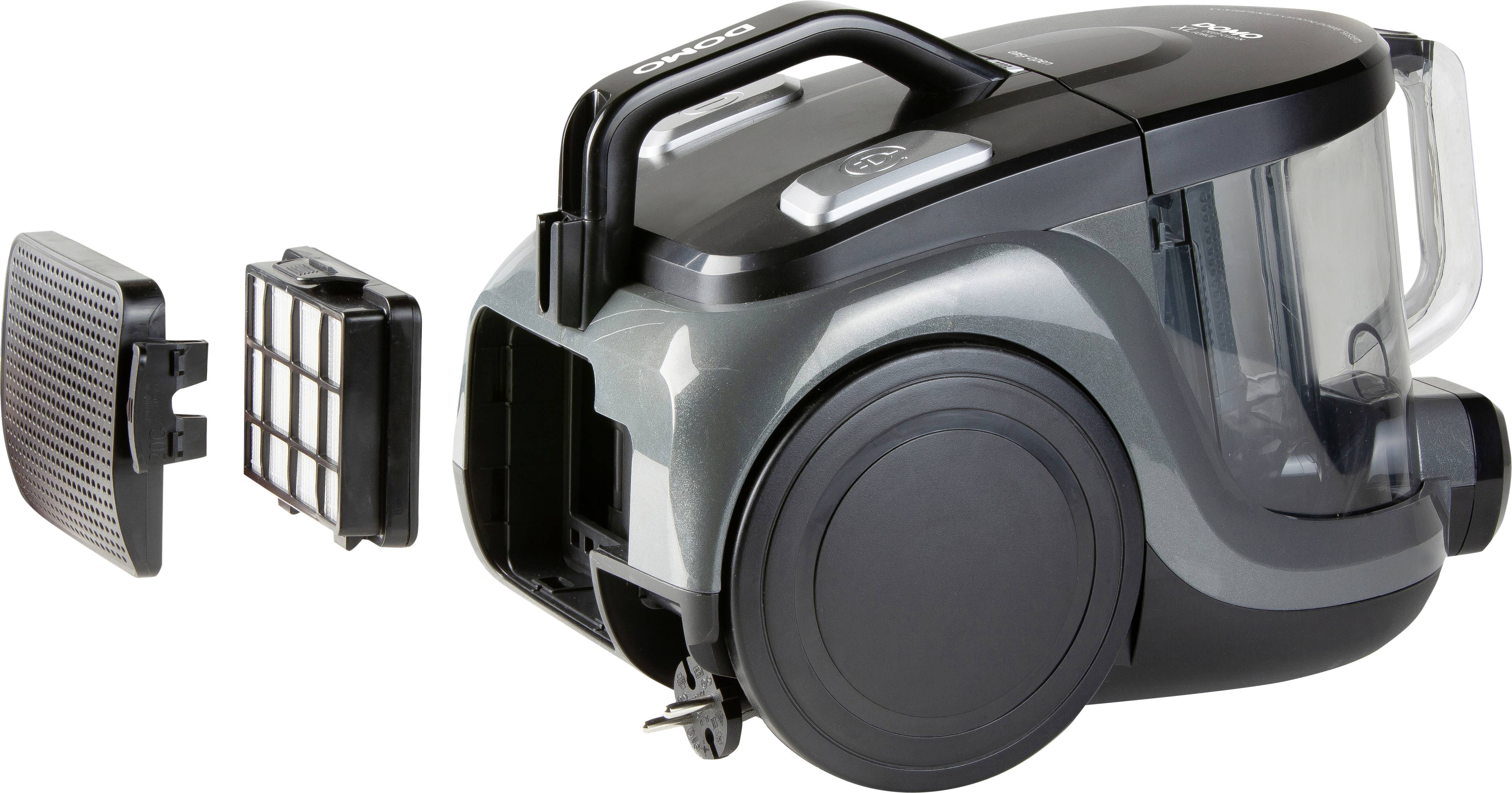 Un aspirateur sans sac avec un filtre et un couvercle retirés sur le côté, montrant l'accès au système de filtration.