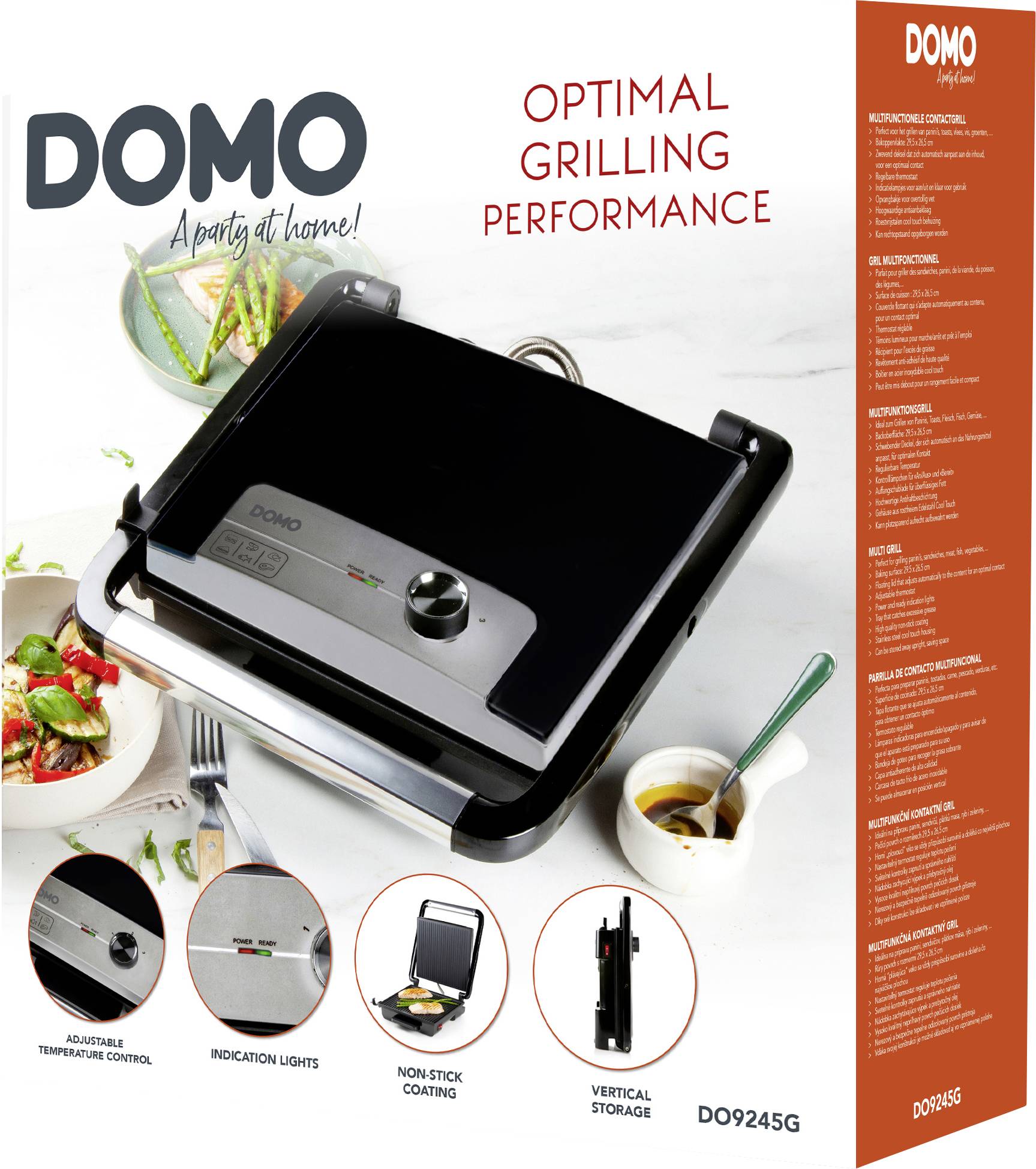 Grill de contact noir avec thermostat réglable et revêtement antiadhésif. L'emballage présente les détails et les caractéristiques du produit.