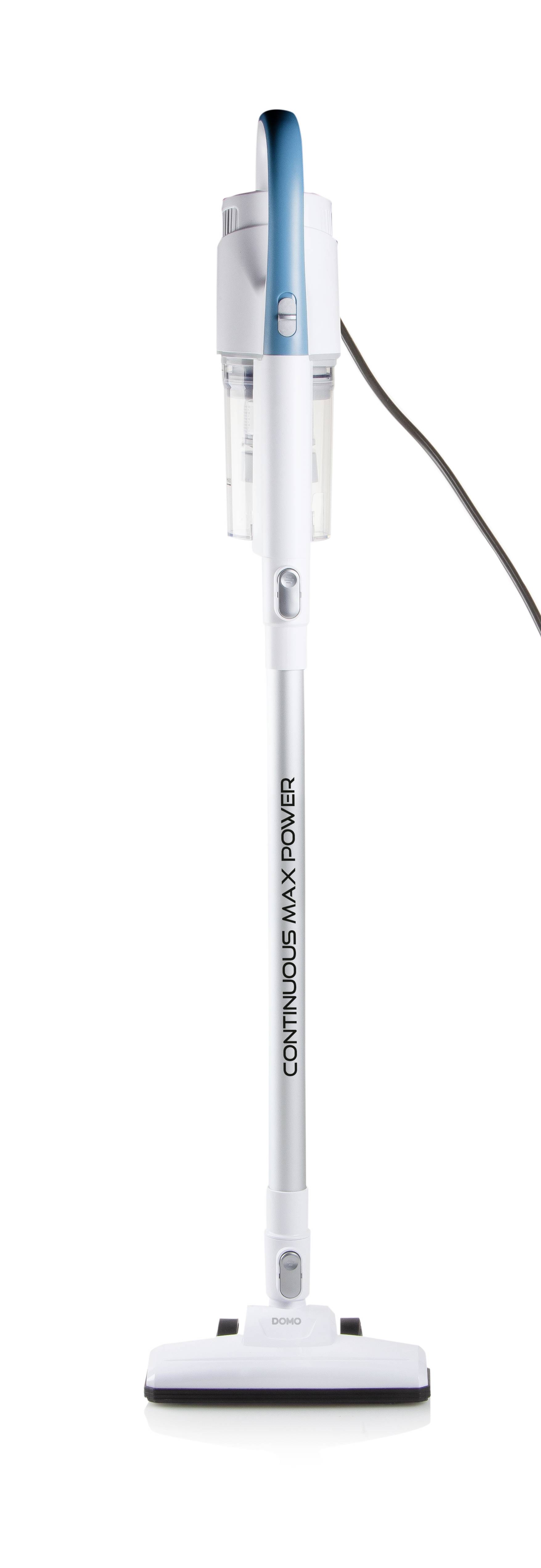 Un aspirateur blanc et bleu portant l'inscription 'CONTINUOUS MAX POWER' est debout.