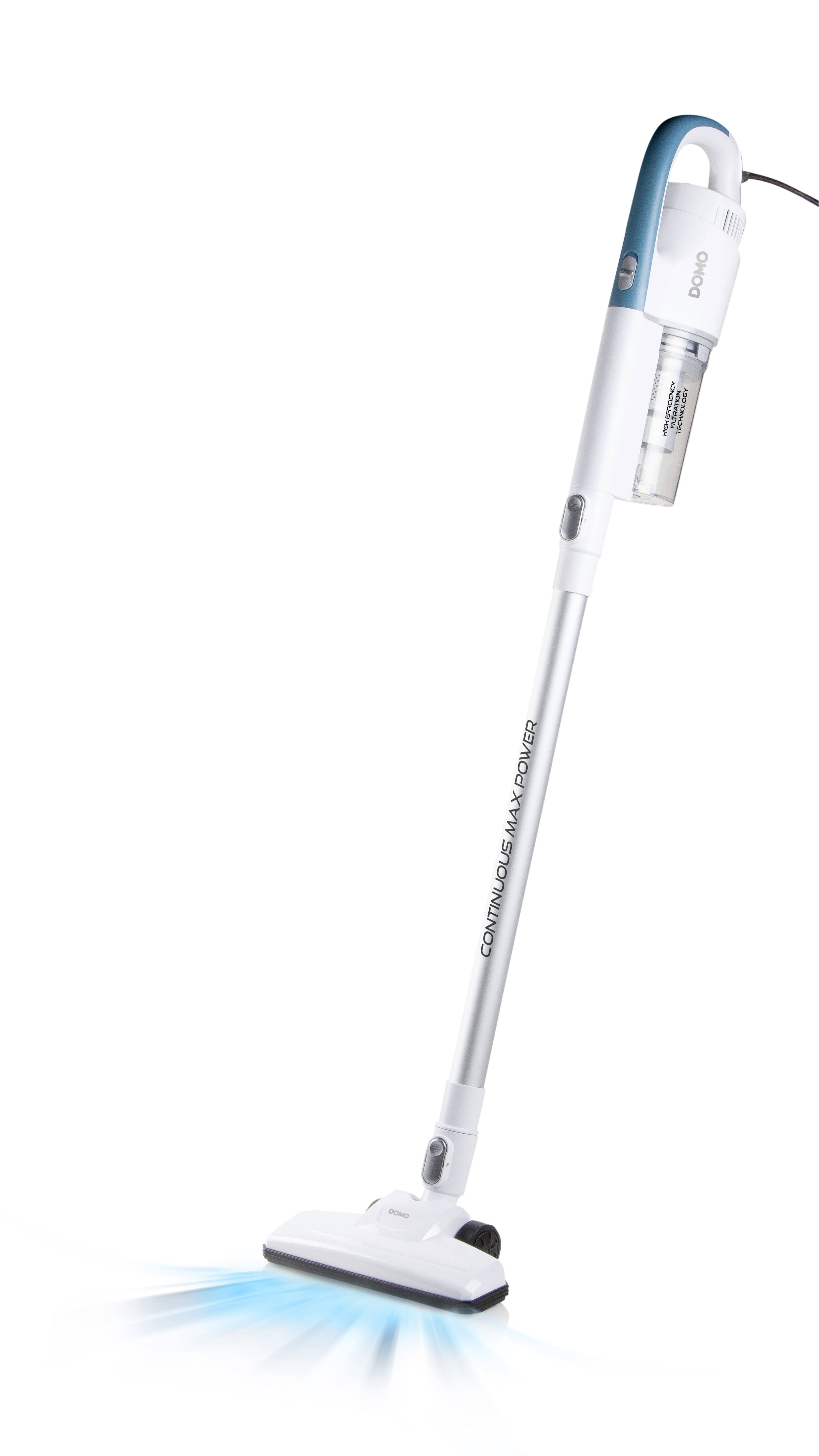 Un aspirateur blanc et sans fil, positionné en biais, projetant un rayon lumineux bleu sur le sol.