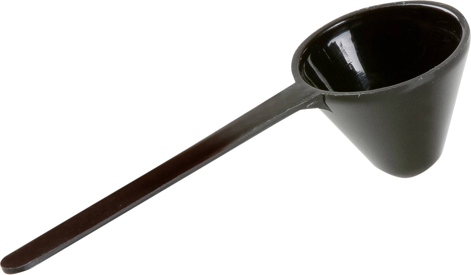 Cuillère en plastique noir avec manche long et capacité de mesure. Idéale pour le dosage précis de poudres ou de liquides.