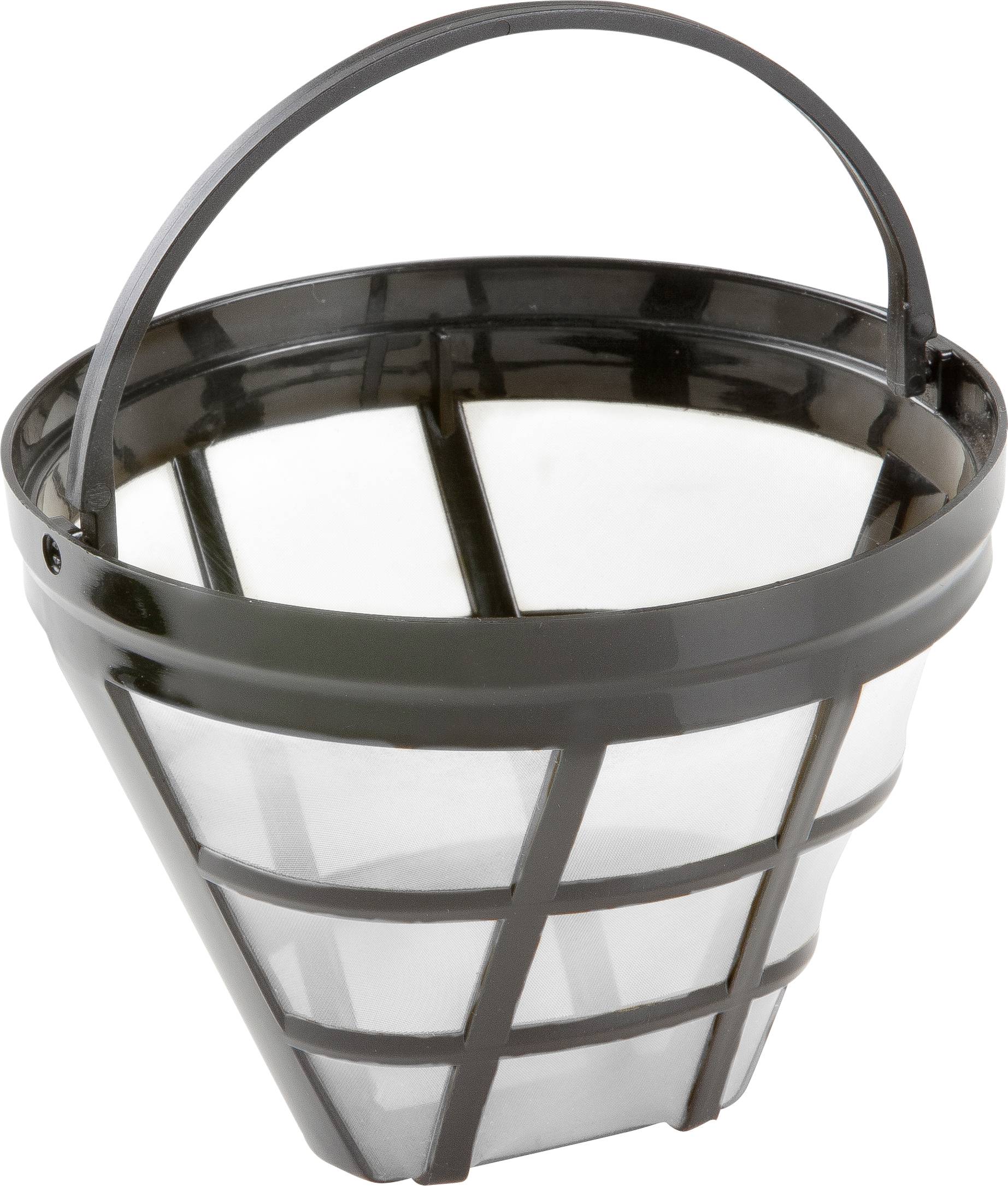 Un filtre à café transparent, de forme conique, avec un bord noir et une anse ; conçu pour être réutilisé lors de la préparation du café.