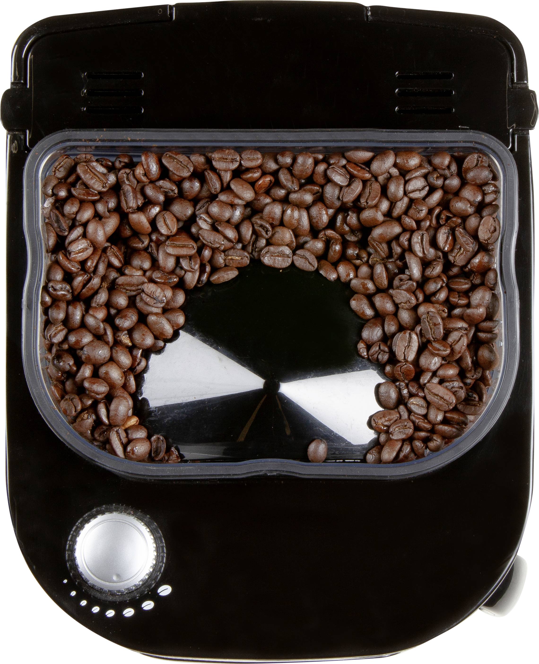 Des grains de café dans un récipient rond transparent sur un appareil de cuisine noir, probablement un moulin à café.