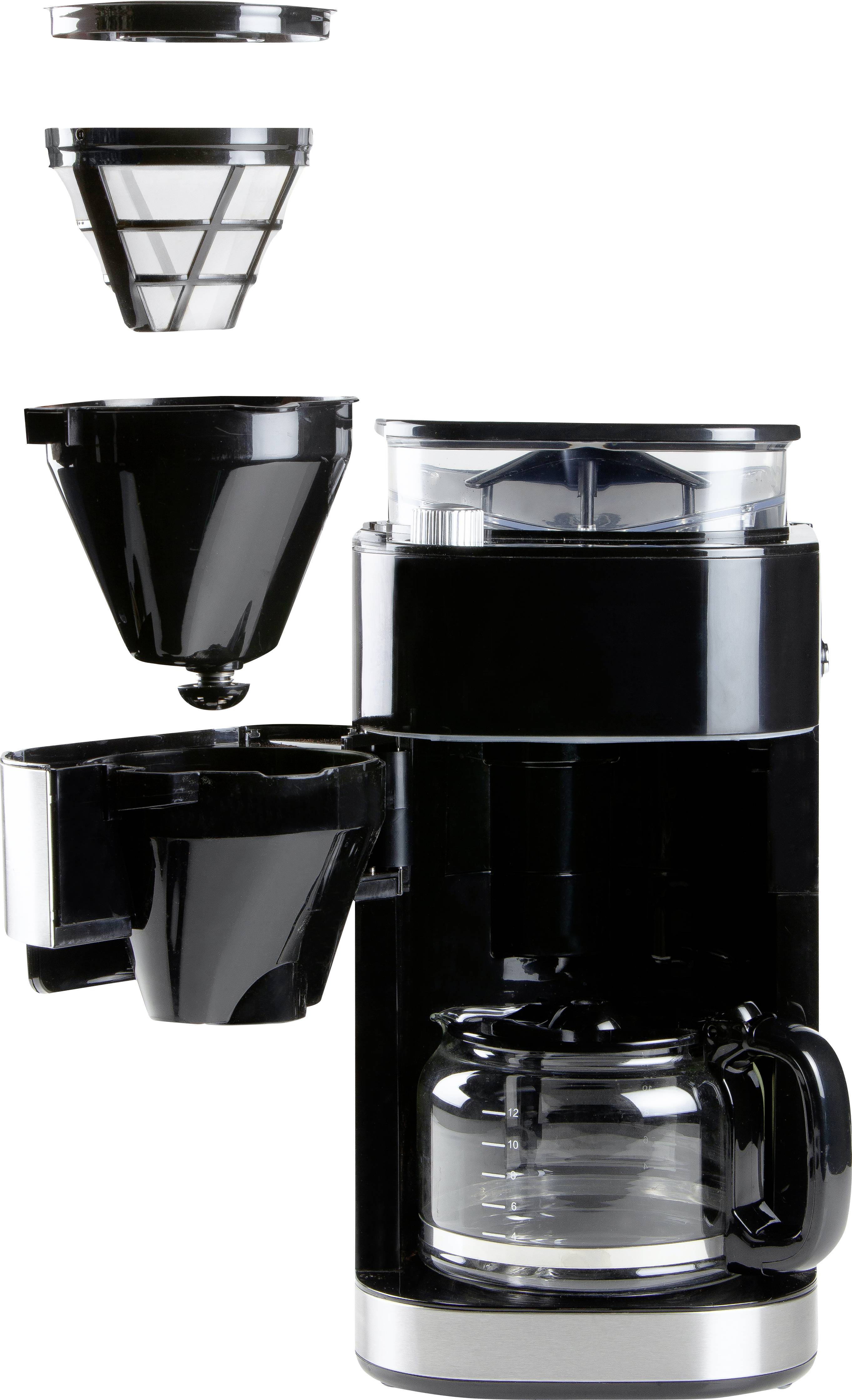 Une machine à café avec un filtre amovible, un groupe de filtration et une carafe en verre, tous empilés au-dessus de la machine.