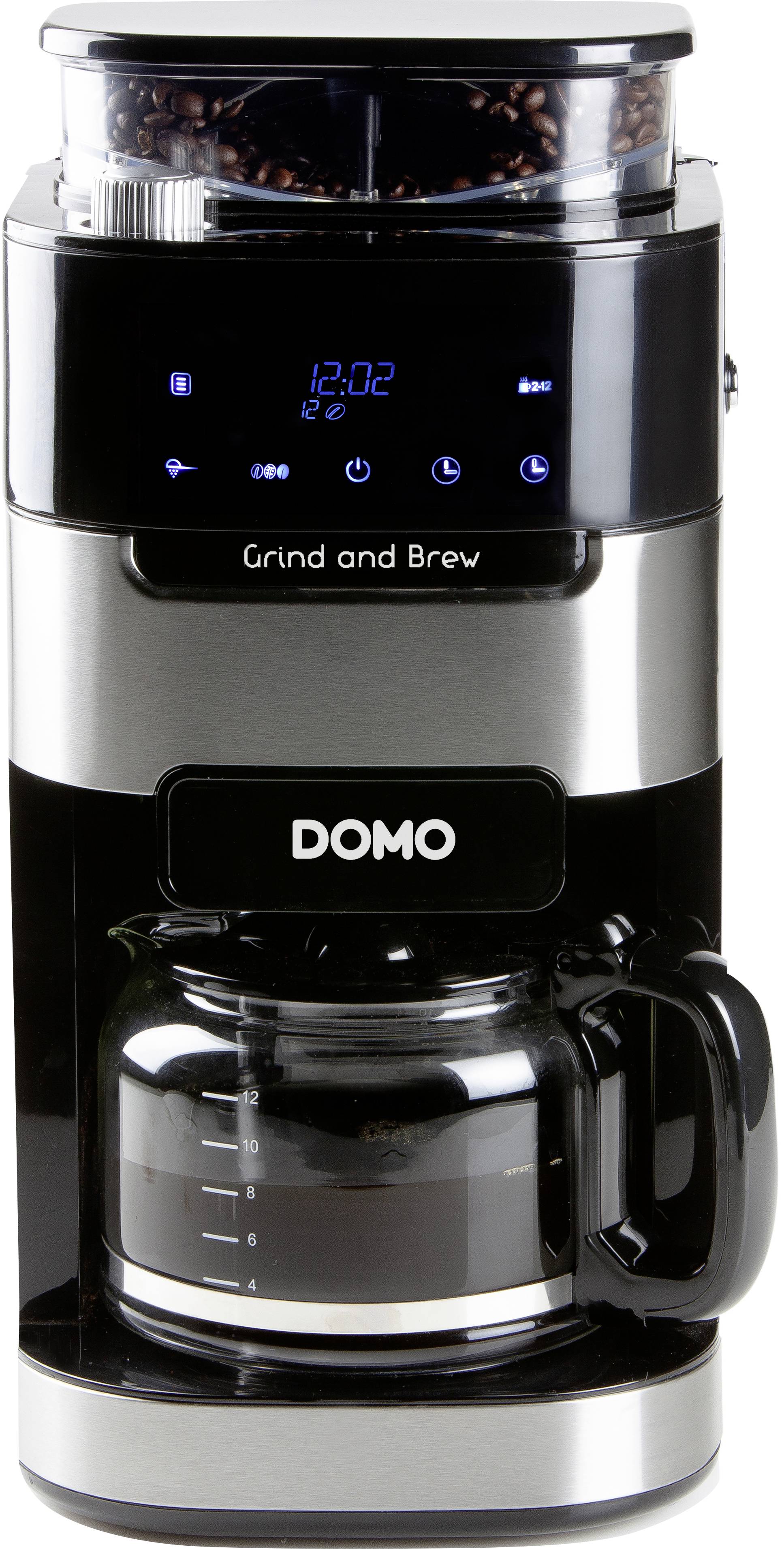 Machine à café avec moulin intégré, affichage numérique et carafe en verre. Nom de la marque visible sur l'avant.