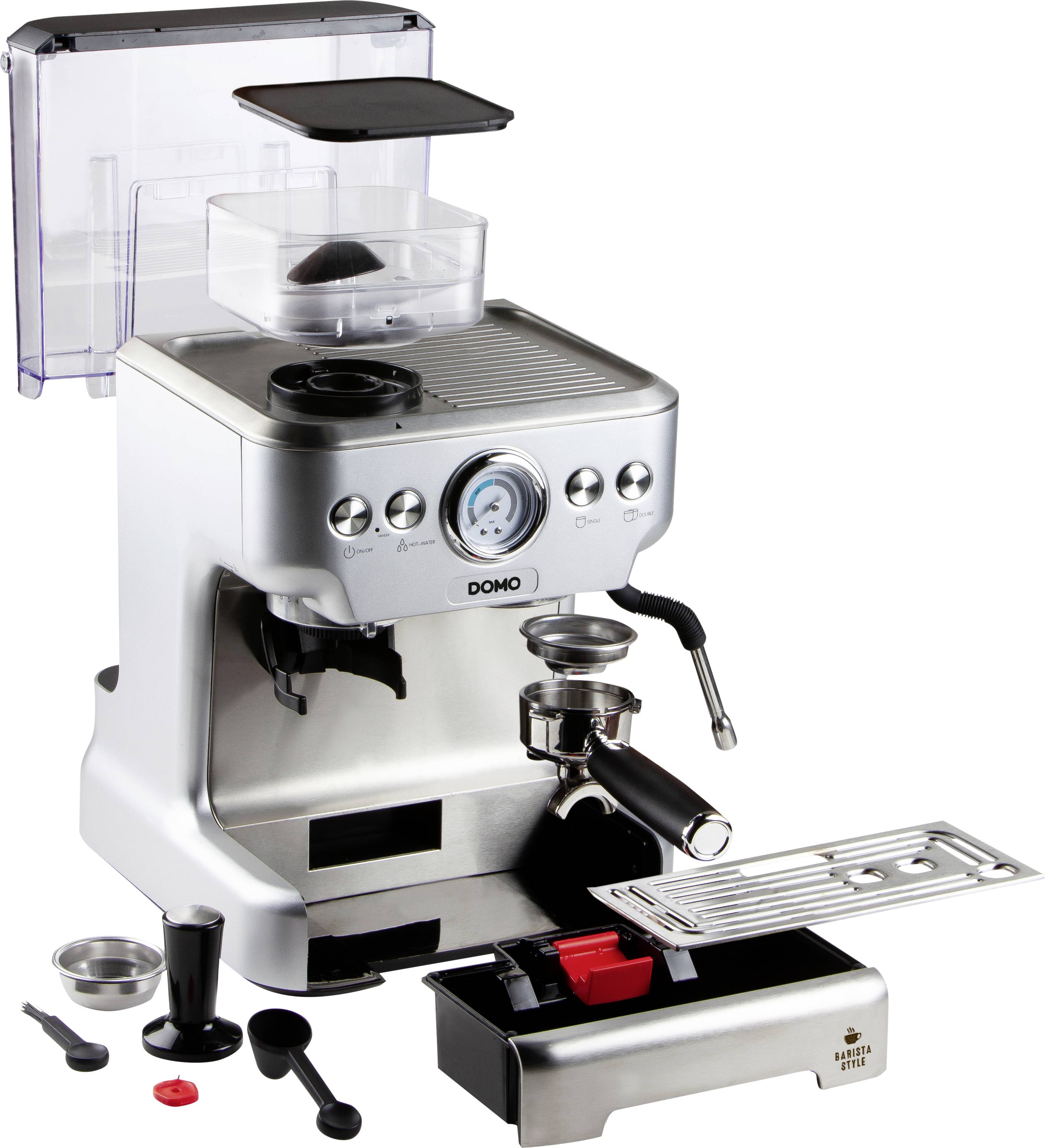 Machine à café en acier inoxydable avec porte-filtre, buse vapeur, indicateur de pression, accessoires tels que tamper et cuillère doseuse, adaptée à la préparation d'espresso.