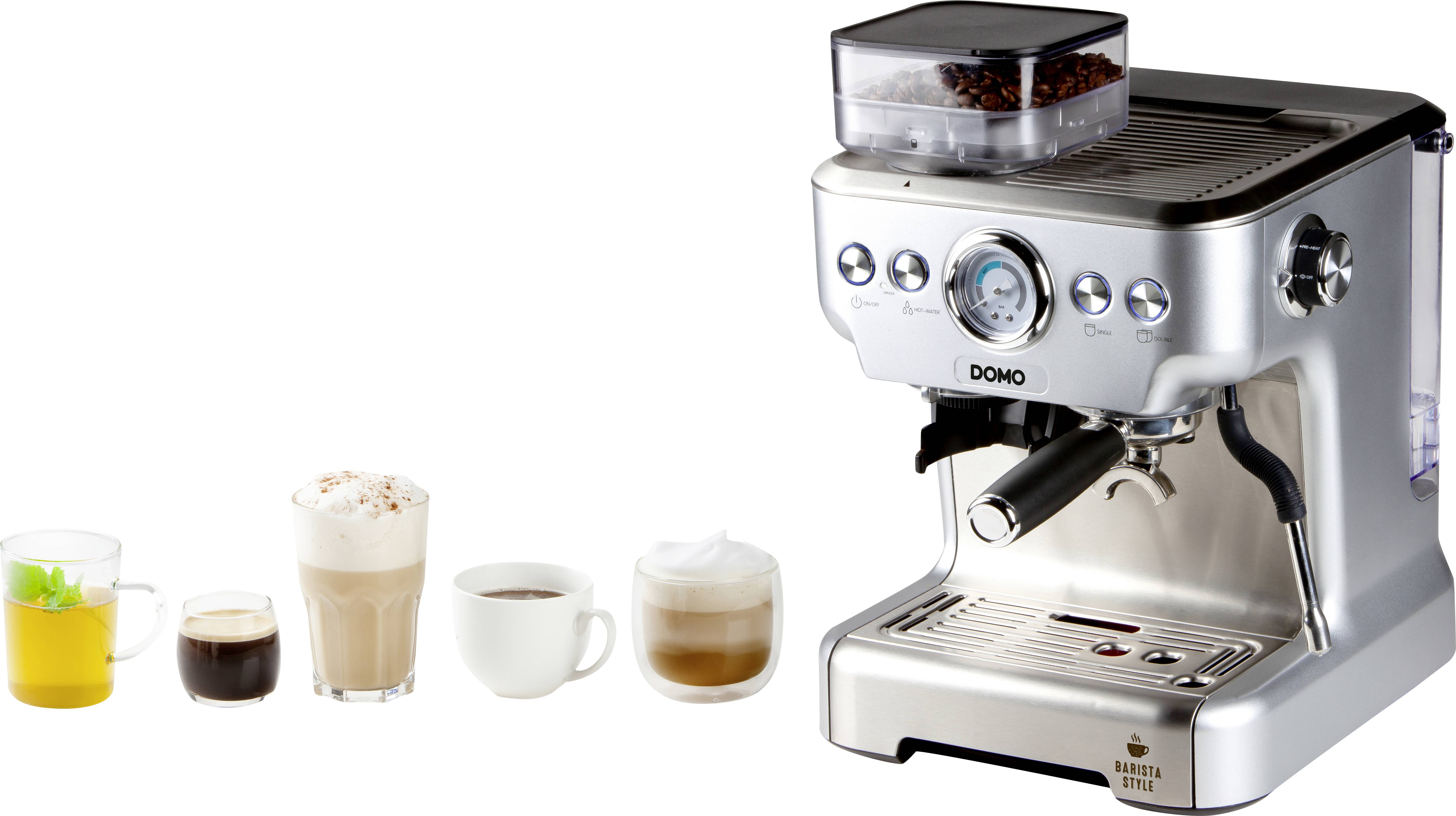 Machine à café en acier inoxydable avec réservoir à grains, entourée de cinq tasses différentes contenant des spécialités de café et de thé.