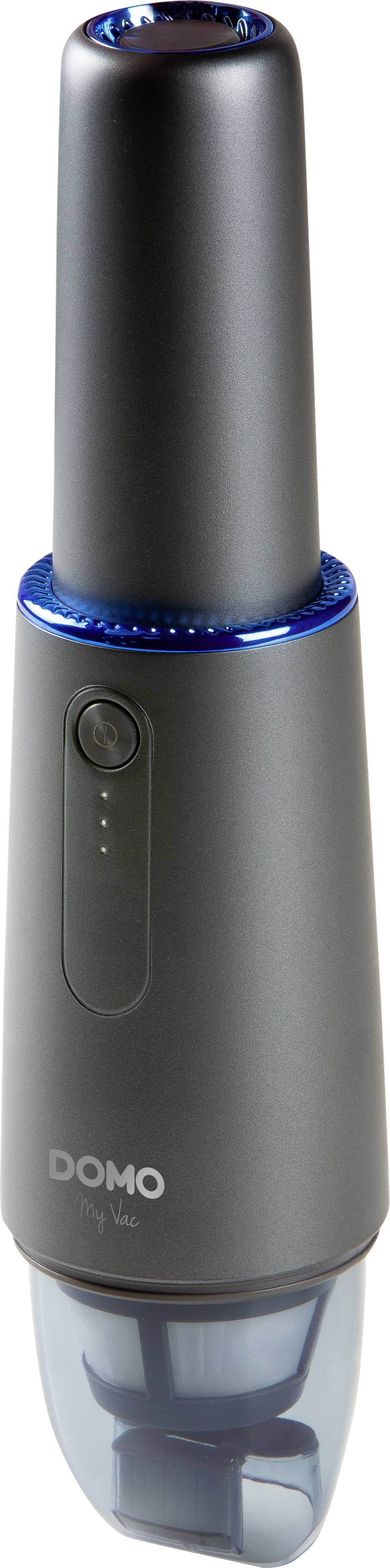 Un aspirateur à main compact sans fil de couleur grise, doté d'un éclairage LED bleu, un design élégamment fin et une chambre à poussière transparente.