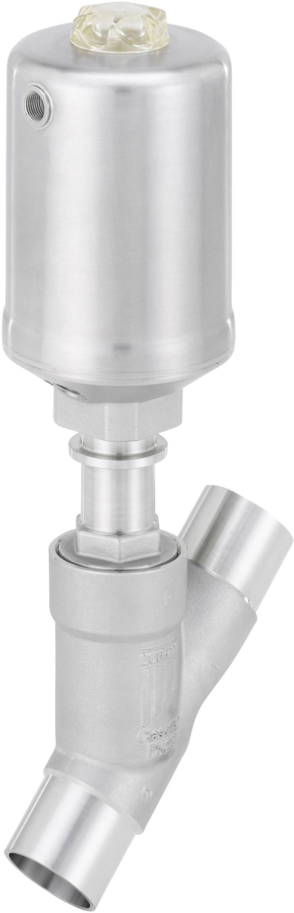 Une vanne d'angle en acier inoxydable à commande pneumatique, adaptée aux applications industrielles, présente sa conception élancée et fonctionnelle.