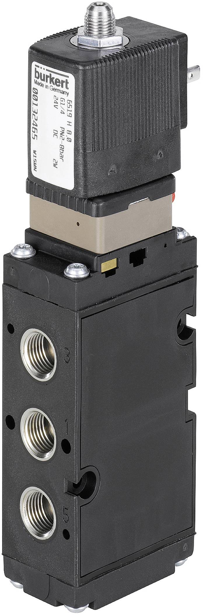 Une vanne électromagnétique à plusieurs raccords et à tête de commande électronique de Bürkert.