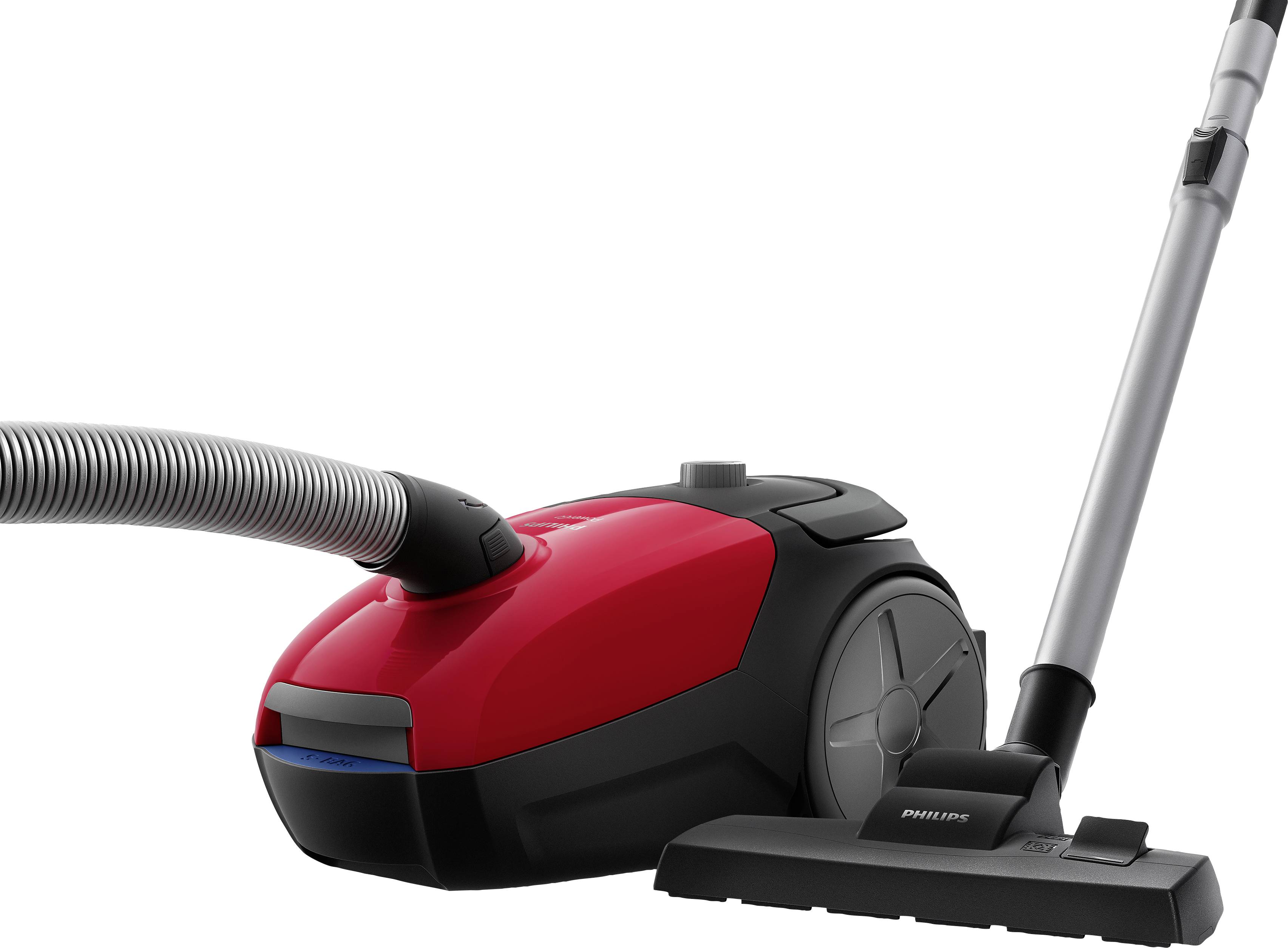Aspirateur rouge avec tuyau et tube d'aspiration sur fond blanc.