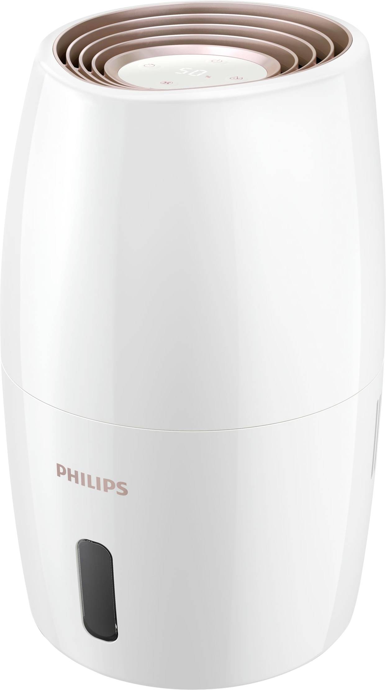 Humidificateur Philips en blanc avec des lamelles rondes. Adapté pour améliorer l'humidité de l'air ambiant.