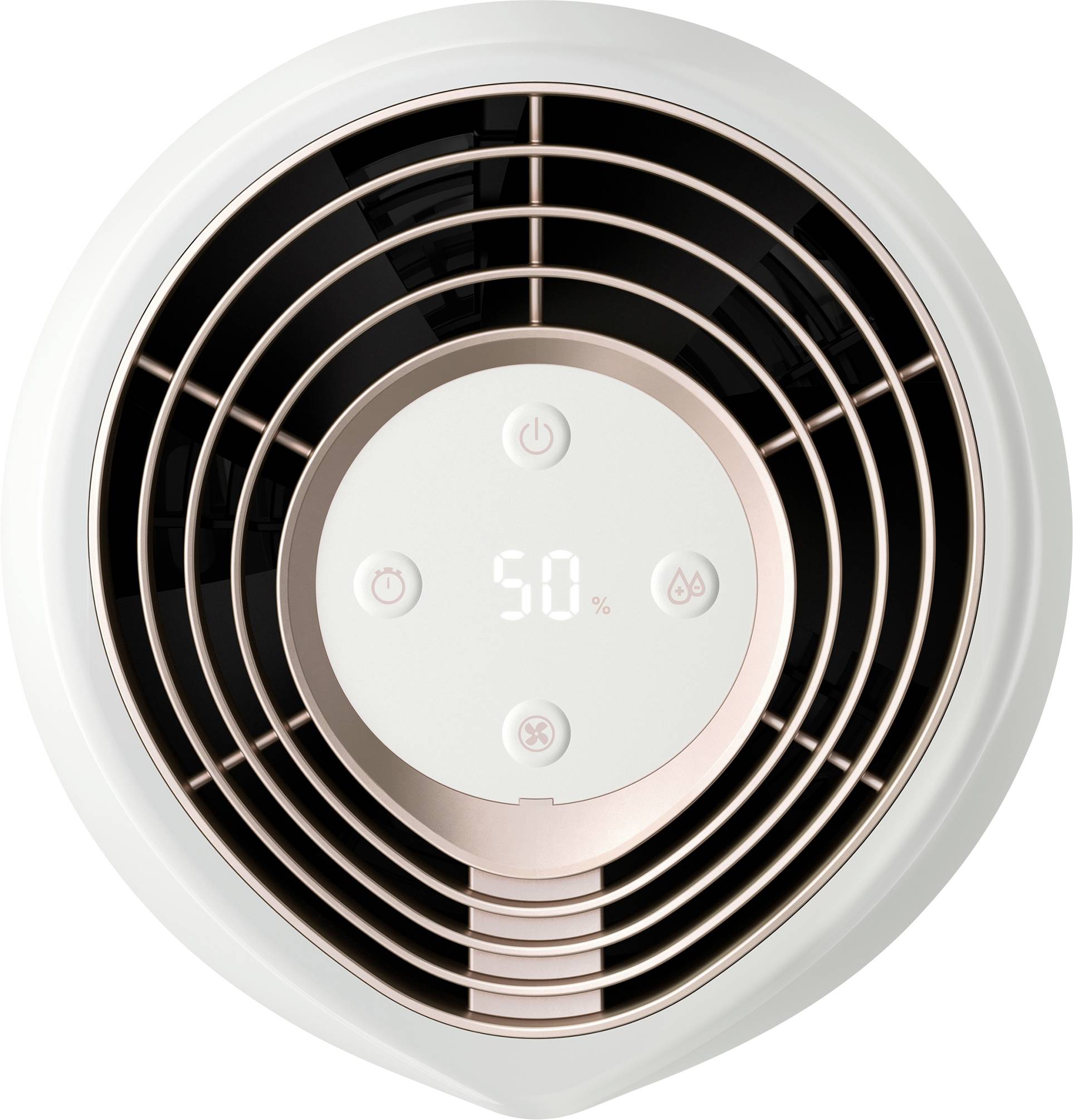 Humidificateur d'air à forme ronde avec affichage numérique indiquant '50%'. Entouré de fentes de ventilation et de touches de commande.