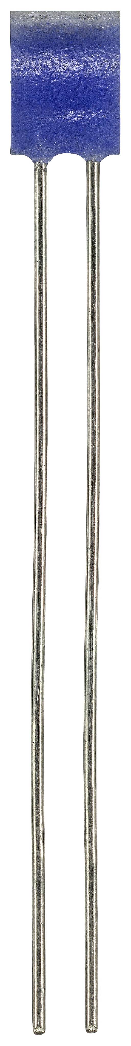 Condensateur céramique bleu à deux broches, disposé verticalement. Utilisé dans les circuits électroniques.