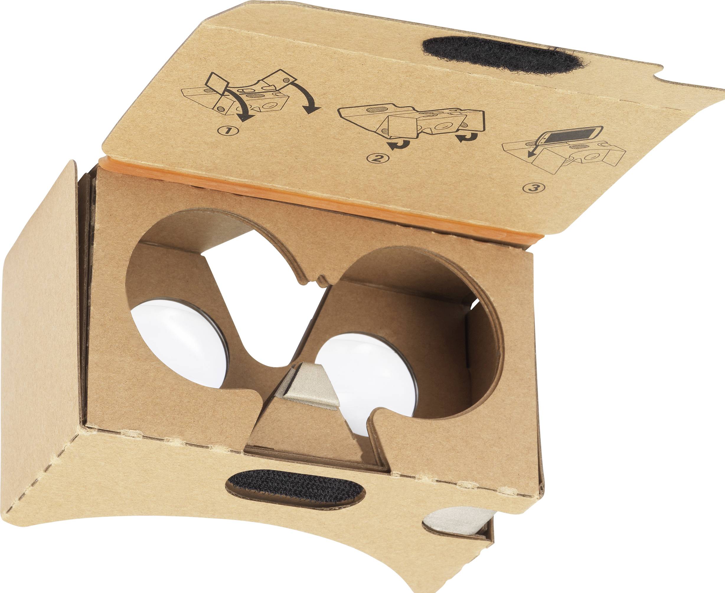 Lunettes en carton pour réalité virtuelle avec deux lentilles ; instructions de montage à l'intérieur du couvercle.