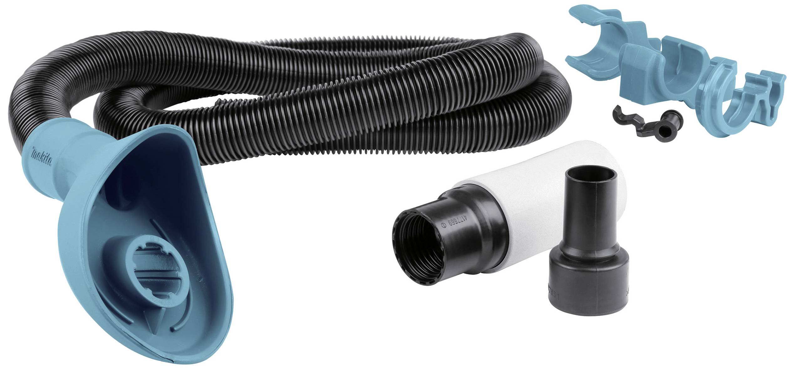 Tuyau flexible et plusieurs pièces d'adaptation bleues, probablement destinés à un système de nettoyage ou de ventilation.