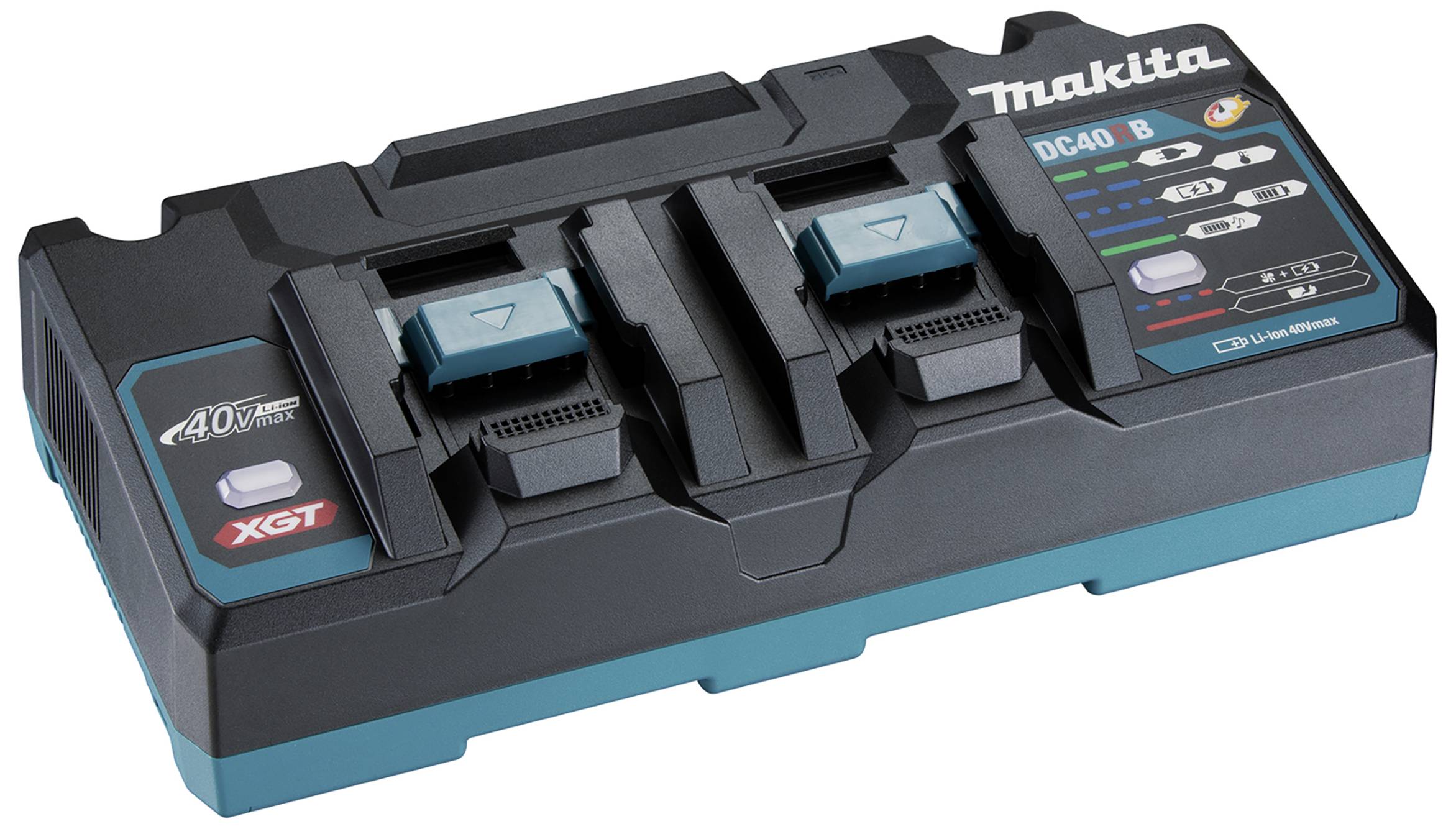 Chargeur Makita pour batteries de la série XGT, modèle DC40RB. Un chargeur à deux emplacements avec voyants lumineux et éléments de commande est visible.