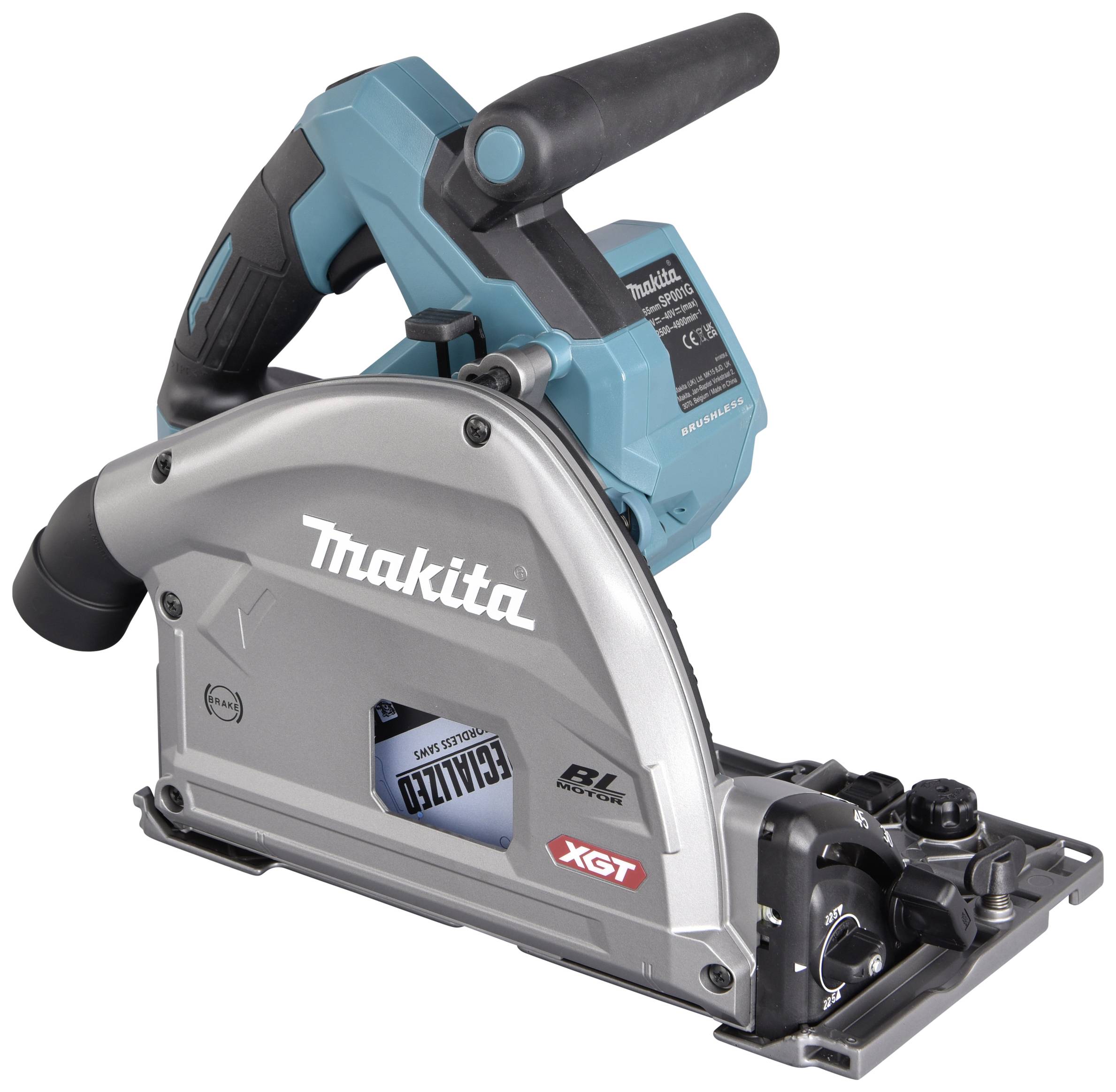 Scie plongeante à batterie de Makita en bleu et argent, modèle XGT. Appareil doté d'une poignée ergonomique, de technologie de moteur BL et d'un raccord d'aspiration de poussière.