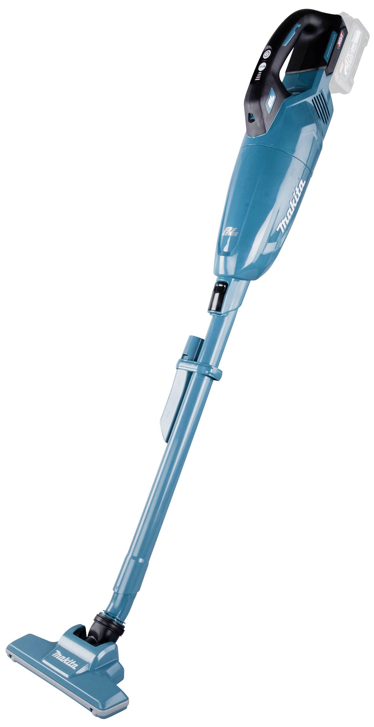 Un aspirateur-balai sans fil bleu est debout verticalement. Nom de la marque visible, design moderne, compact pour une utilisation facile.