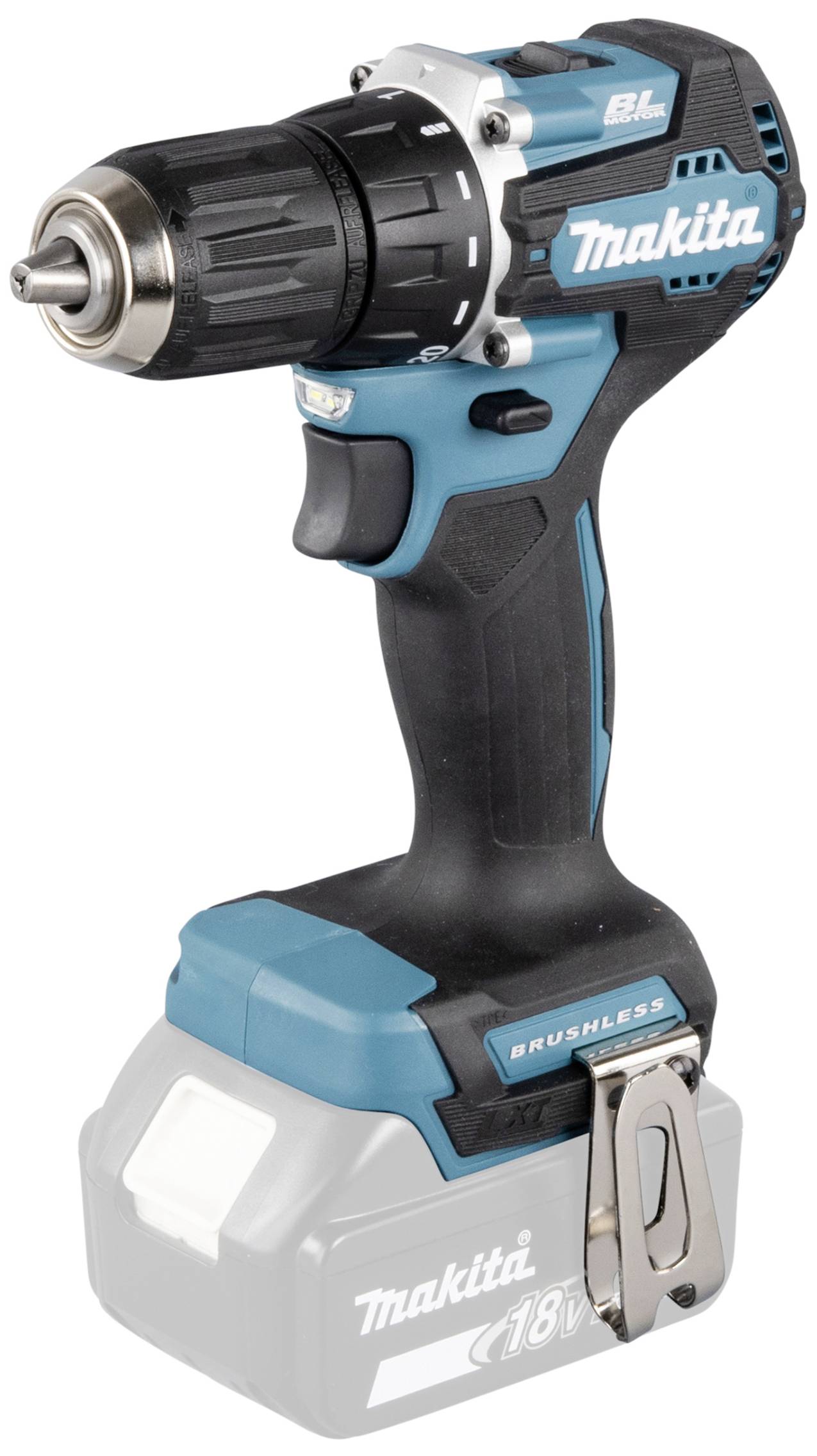 Un tournevis sans fil à batterie en bleu et noir avec une tête sans mandrin, adapté aux travaux de vissage et de perçage.