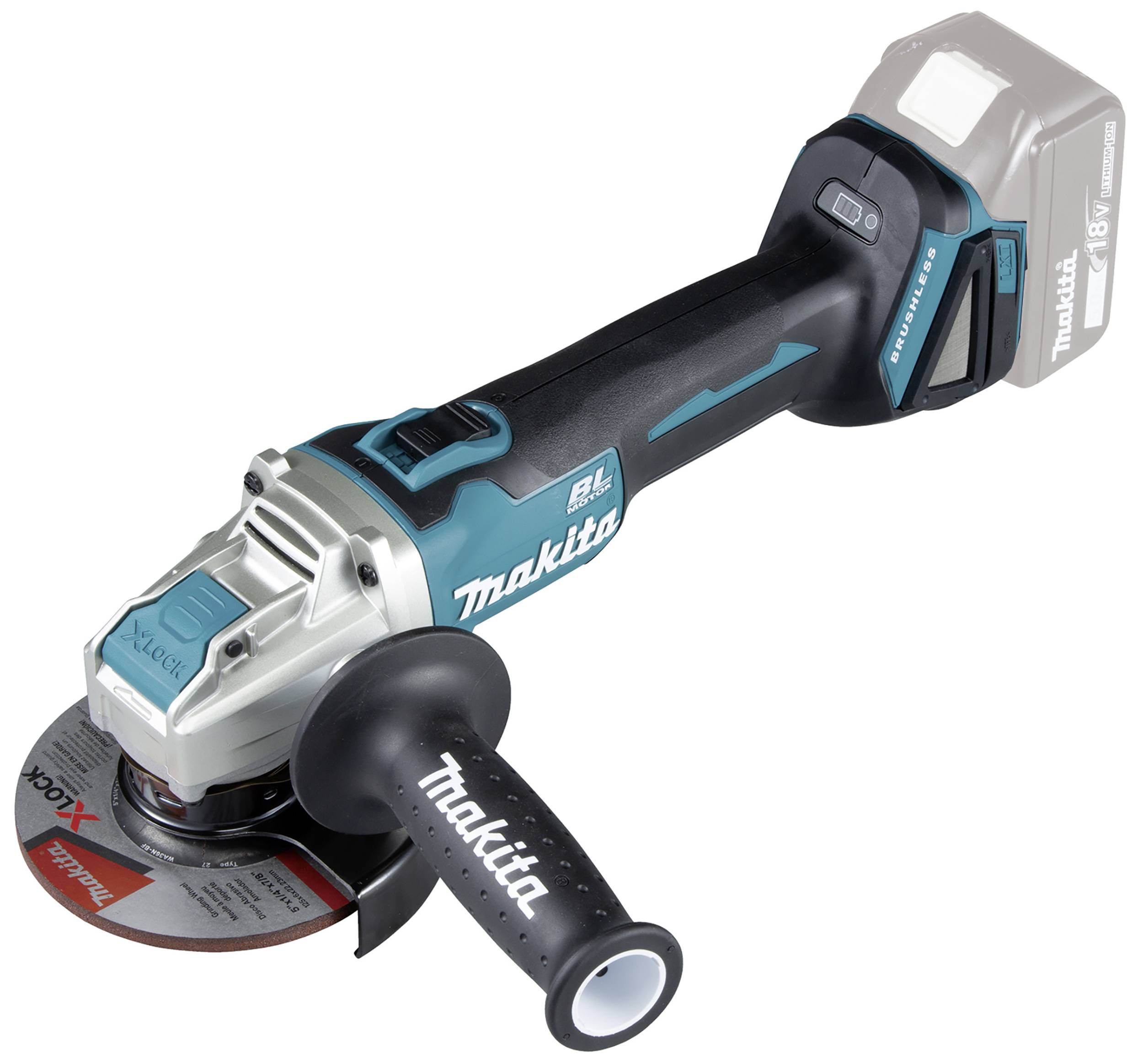 Meuleuse d'angle sans fil avec poignée ergonomique et batterie 18V, adaptée pour la coupe et le meulage précis de matériaux.