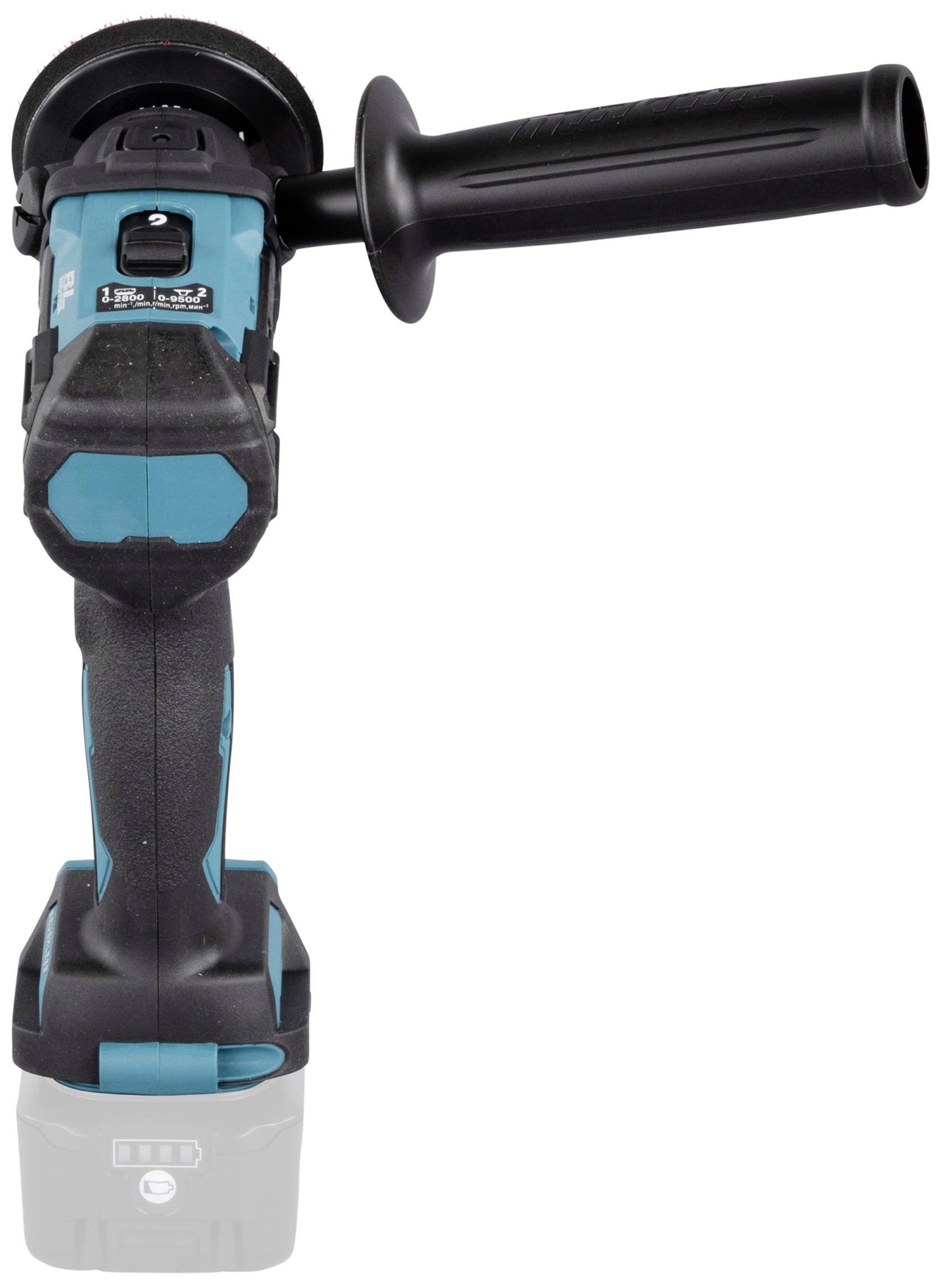 Une meuleuse d'angle sans fil avec une poignée noire et des touches bleu clair, vue de face. Adaptée pour les travaux de coupe.