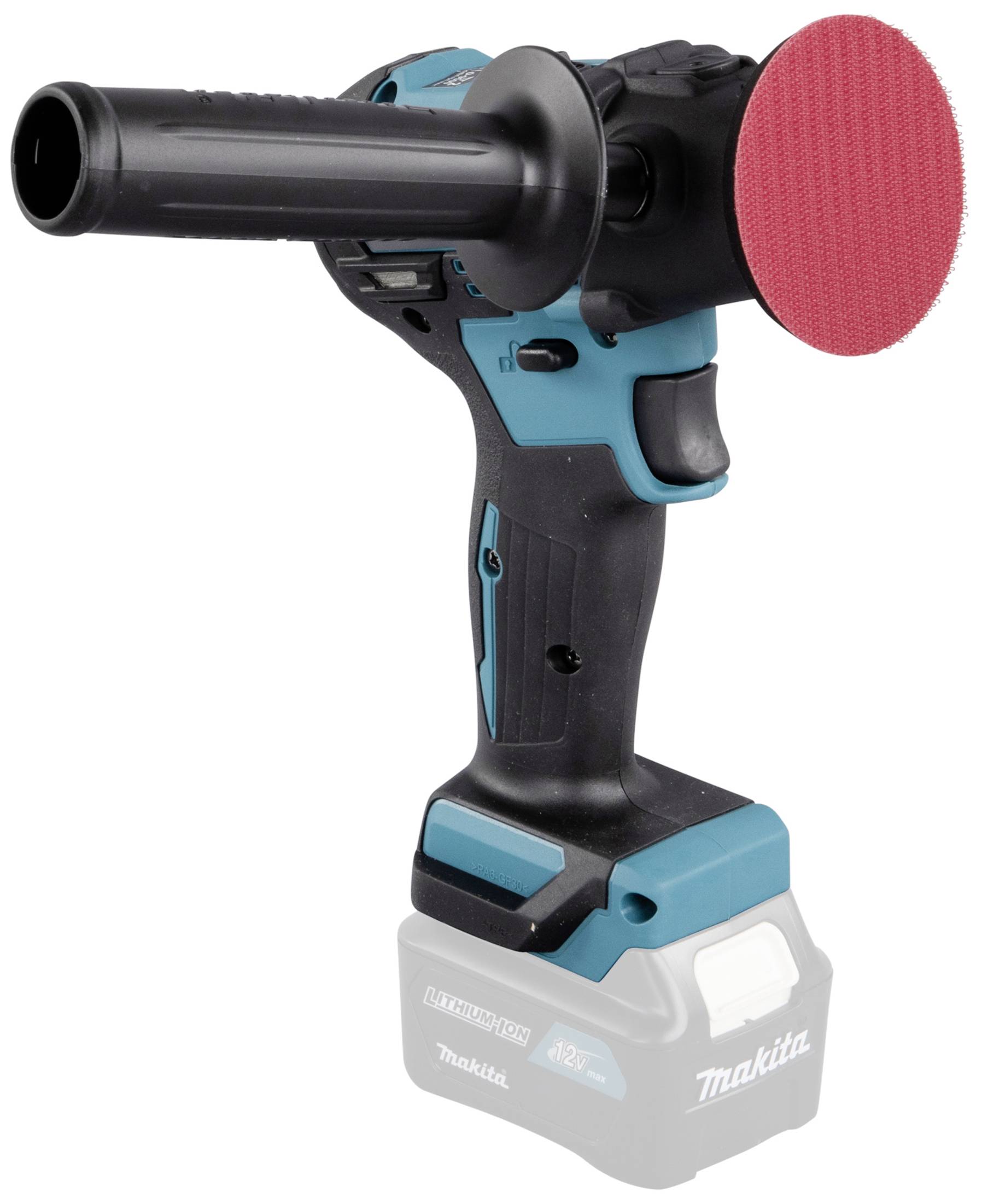 Meuleuse d'angle sans fil avec boîtier bleu et noir et disque de meulage rouge. Comprend une poignée latérale et est posée sur une surface blanche.