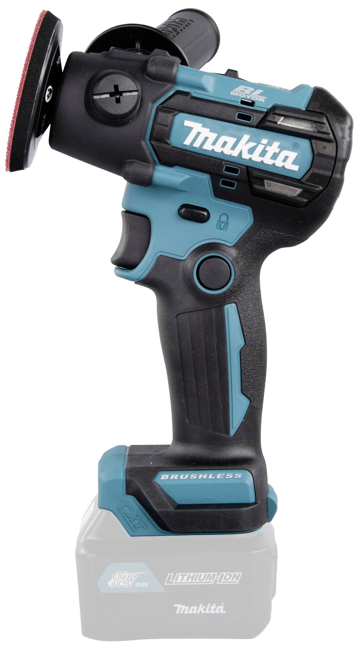 Un outil sans fil Makita bleu et noir à poignée ergonomique. Il est équipé d'un disque de ponçage et d'une batterie lithium-ion.