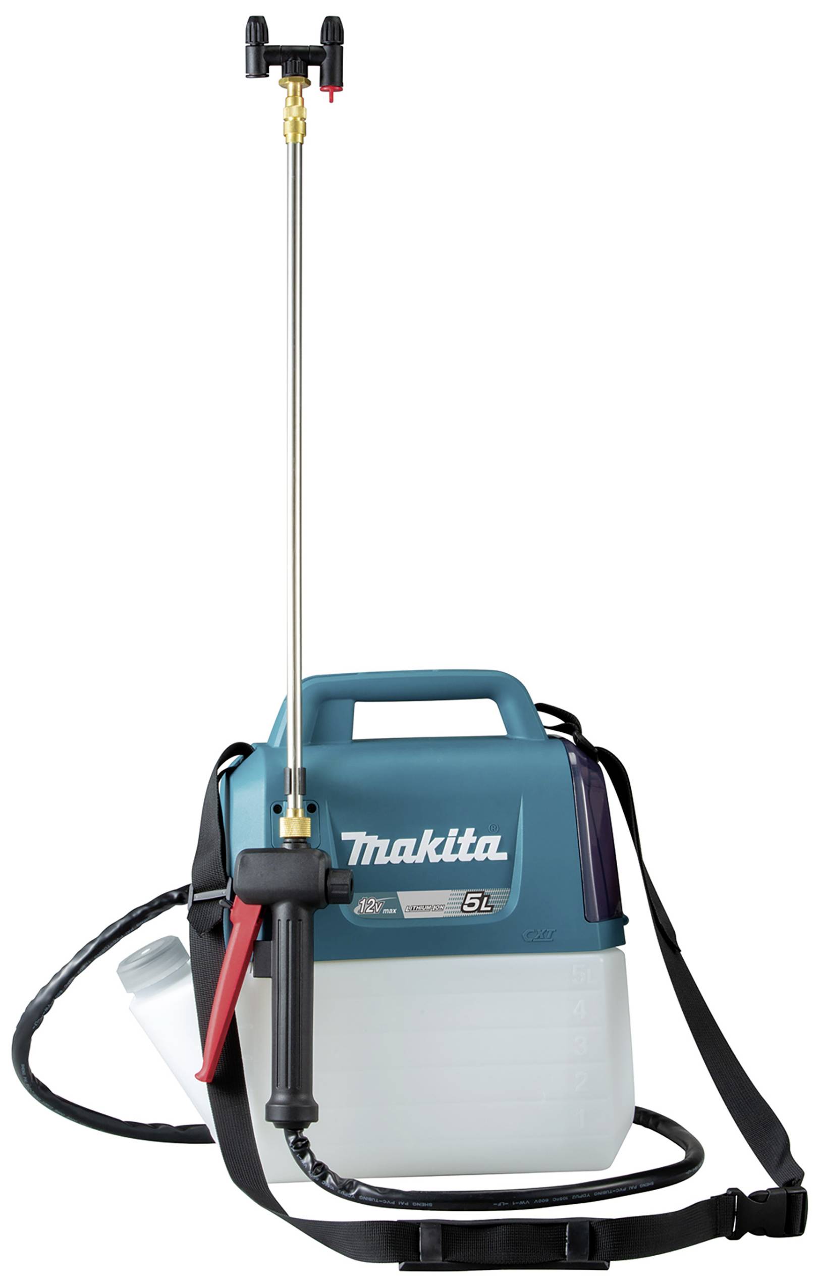 Pulvérisateur portable Makita avec réservoir de 5 litres, boîtier bleu et lance réglable, adapté aux travaux de jardinage.