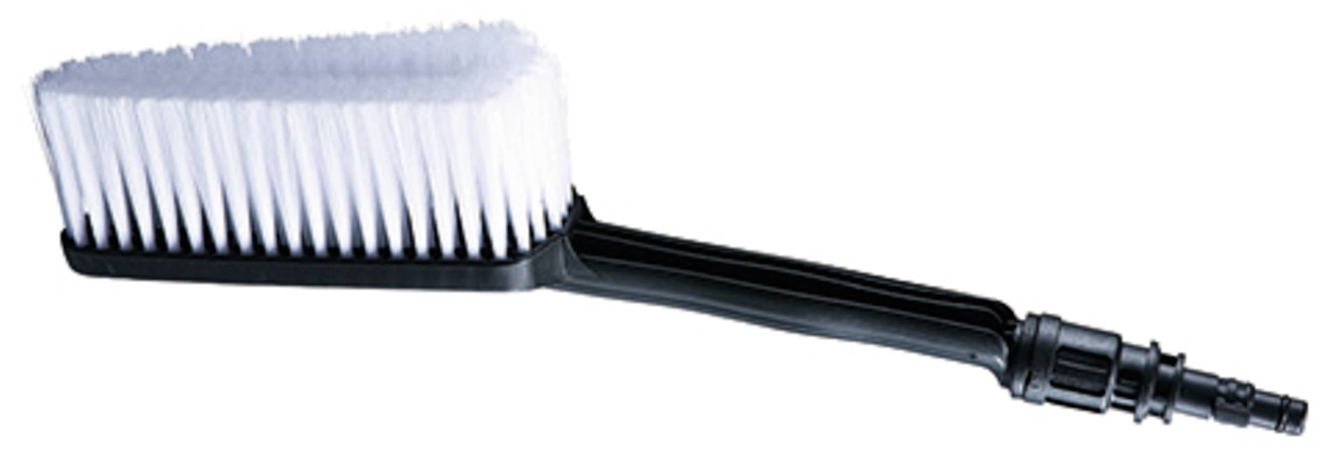 Une brosse de nettoyage avec une poignée en plastique noir et des poils blancs, adaptée pour récurer des surfaces.