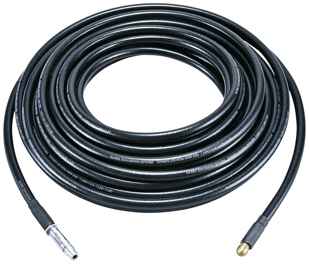 Long tuyau noir enroulé avec des raccords métalliques aux extrémités, adapté aux systèmes de distribution d'eau ou d'air comprimé.