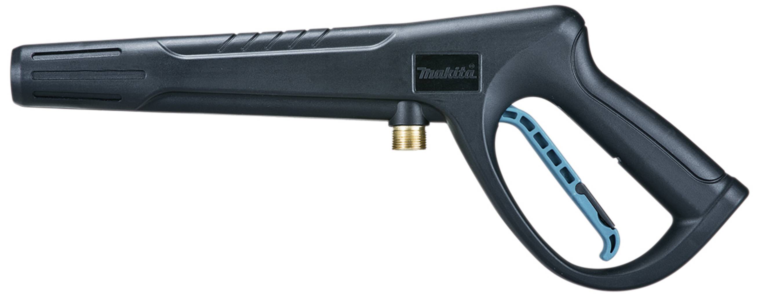 Pistolet de nettoyeur haute pression avec un boîtier noir et une gâchette bleue. Adapté pour les travaux de nettoyage en extérieur.