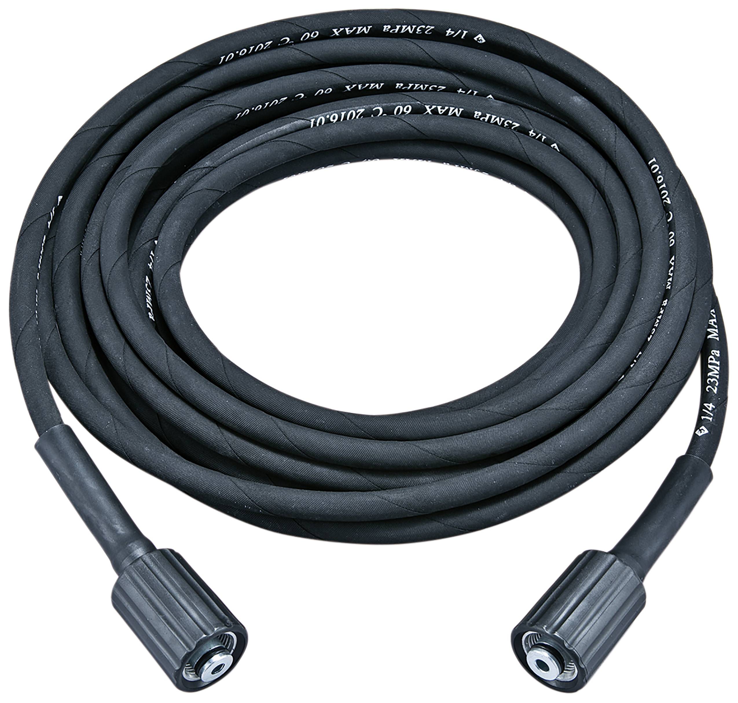 Tuyau haute pression noir et long, avec des raccords à chaque extrémité, enroulé en cercle. Adapté pour les appareils à pression d'eau.