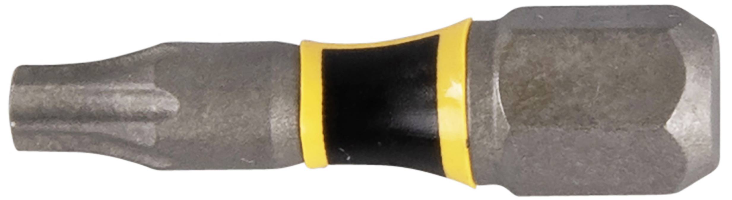 Un embout de tournevis Torx avec un anneau jaune et noir au centre, utilisé pour les vis à tête étoilée.
