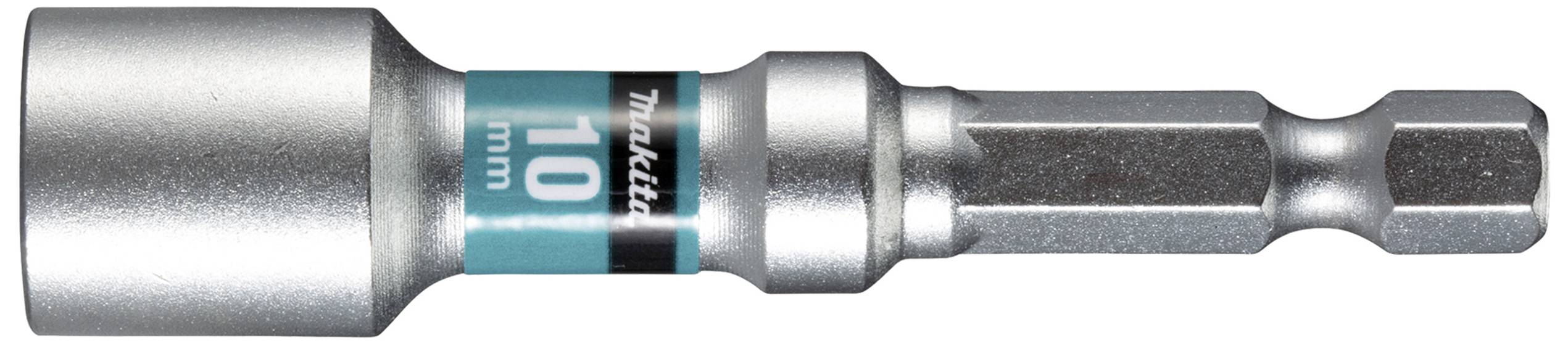 Un embout de clé à douille argenté de la marque Makita, taille 10 mm.