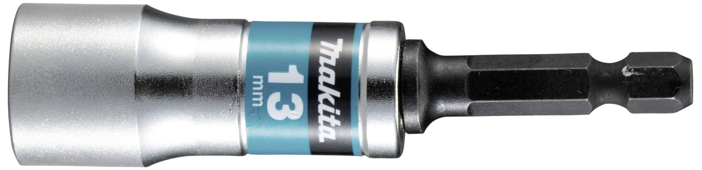 Embout de boulon métallique, taille 13 mm, avec tige hexagonale, marque sur banderole bleue et noire.