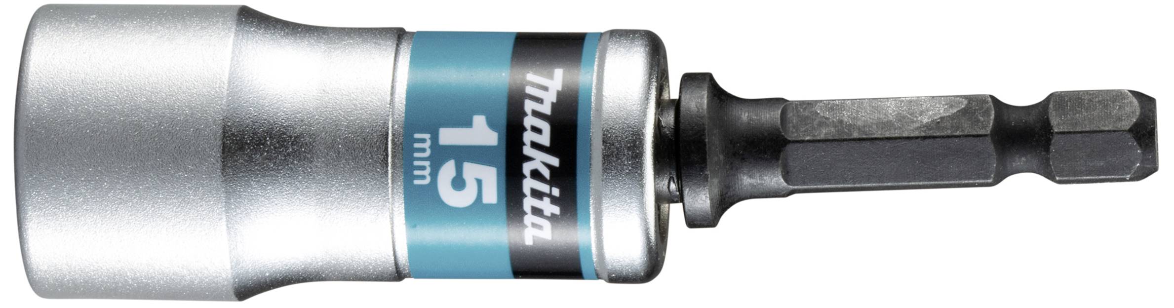 Embout de visseuse sans fil en argent avec une étiquette bleue indiquant '15 mm' et 'Makita'.