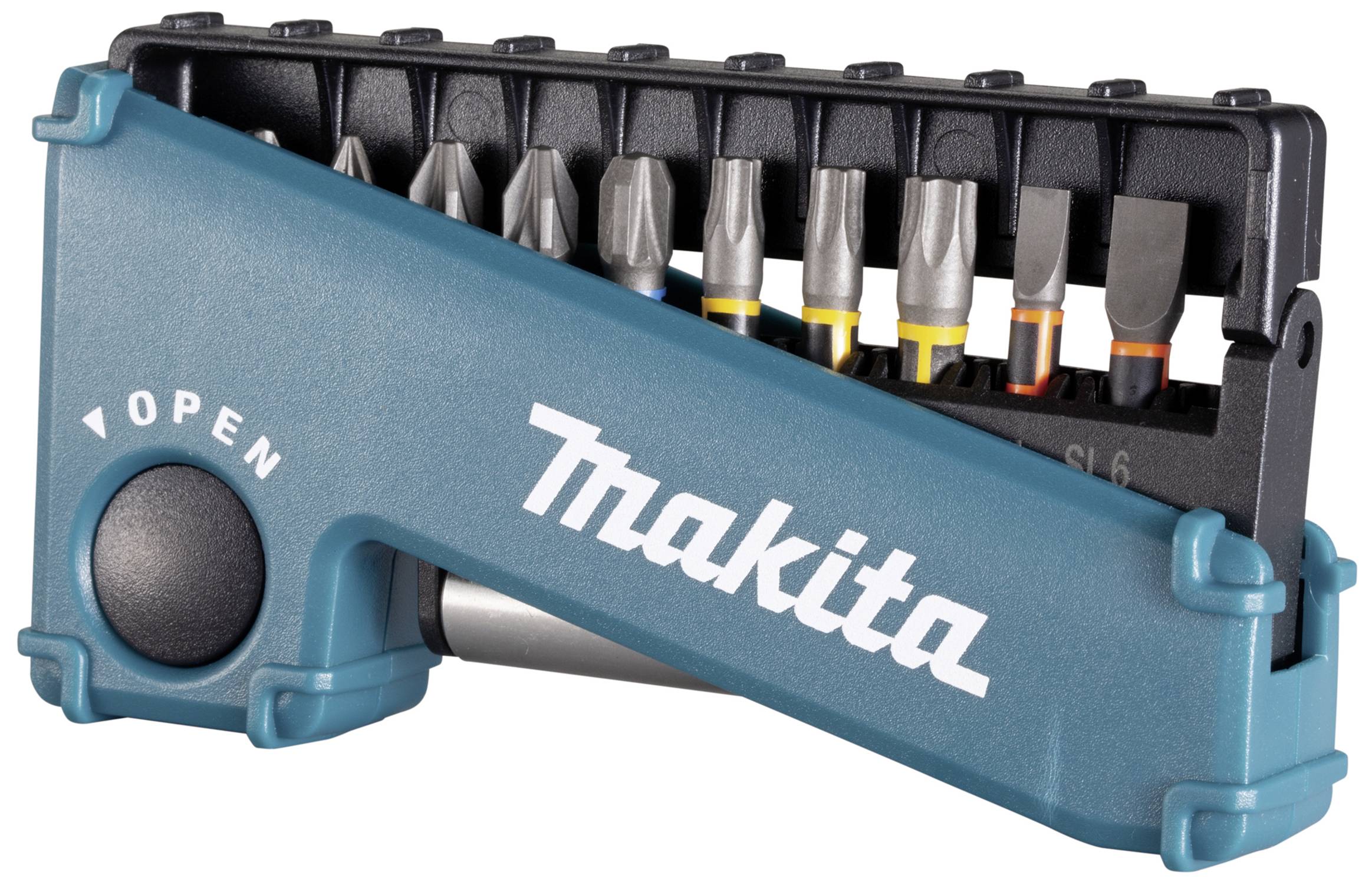 Coffret de forets Makita bleu contenant plusieurs embouts de différents types.