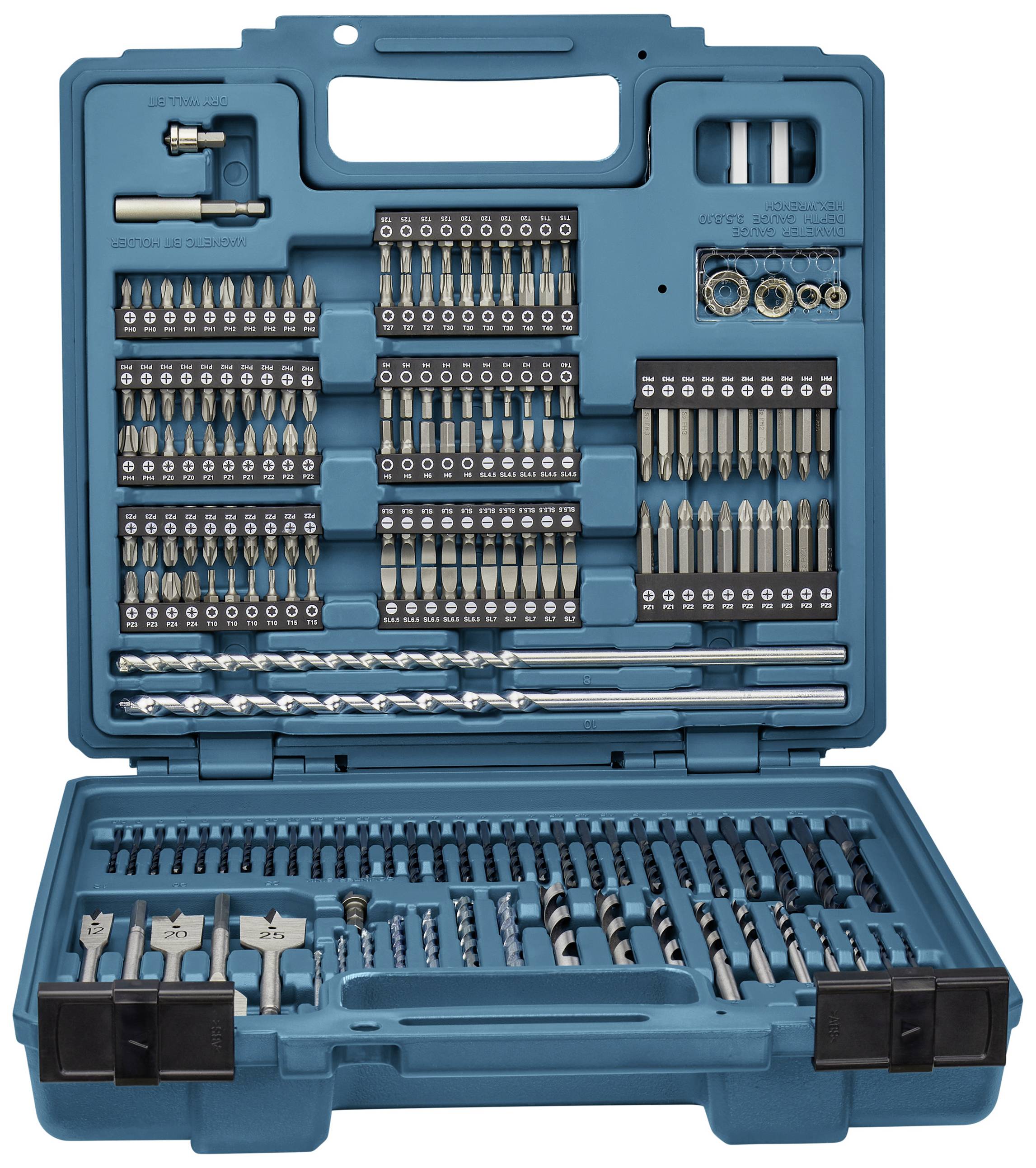 Une boîte à outils ouverte contenant de nombreux forages et embouts de différentes tailles, soigneusement rangés dans des compartiments.