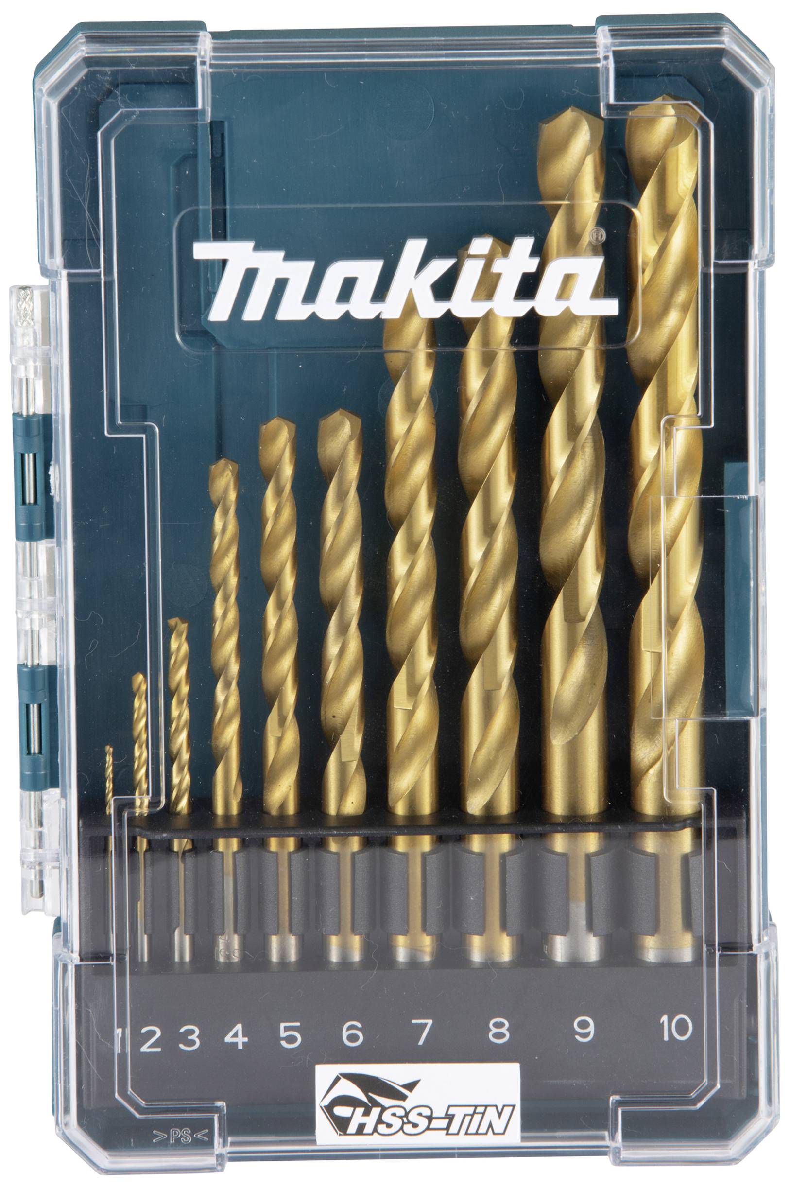 Un ensemble de forets hélicoïdaux Makita HSS-TiN de différentes tailles allant de 1 à 10 mm, dans un étui en plastique transparent.