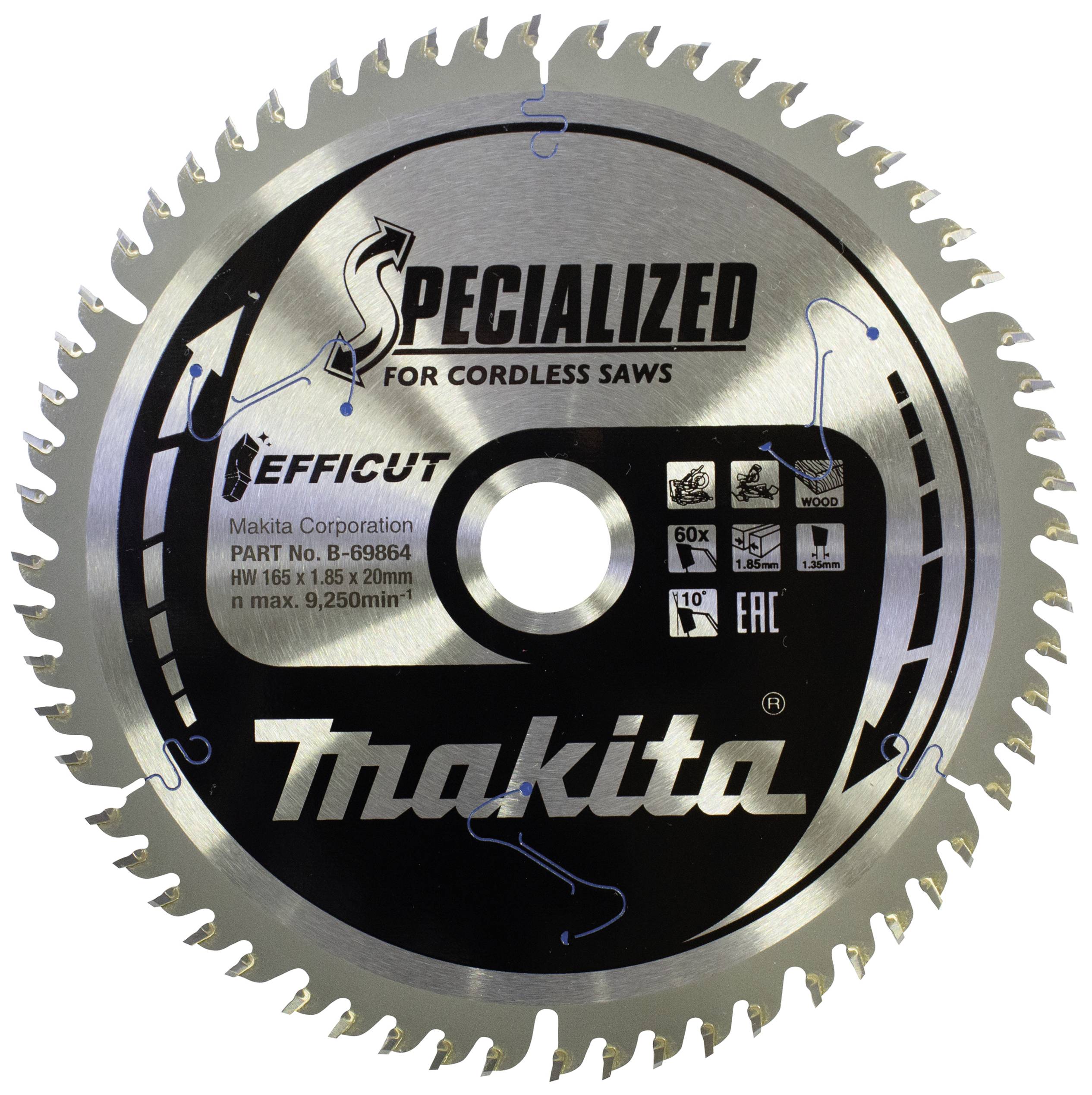 Lame de scie Makita pour scies sans fil, modèle B-69684, diamètre 165 mm, profondeur de coupe max. 9,25 mm, durée de vie 50 fois plus longue.