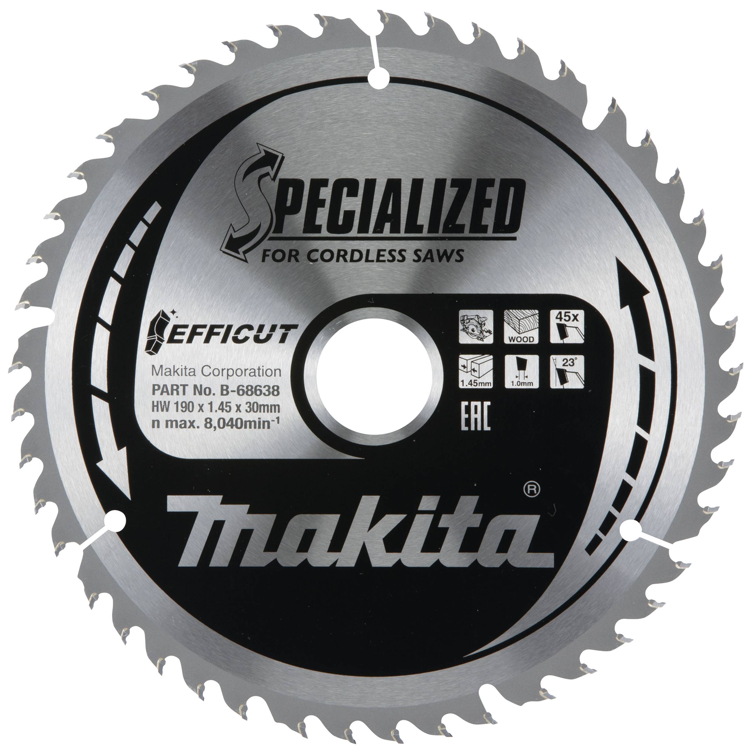 Lame de scie circulaire pour scies sans fil, logo Makita, 45 dents, inclinaison de 23°, vitesse maximale de 8 040 tr/min, diamètre de 190 mm.