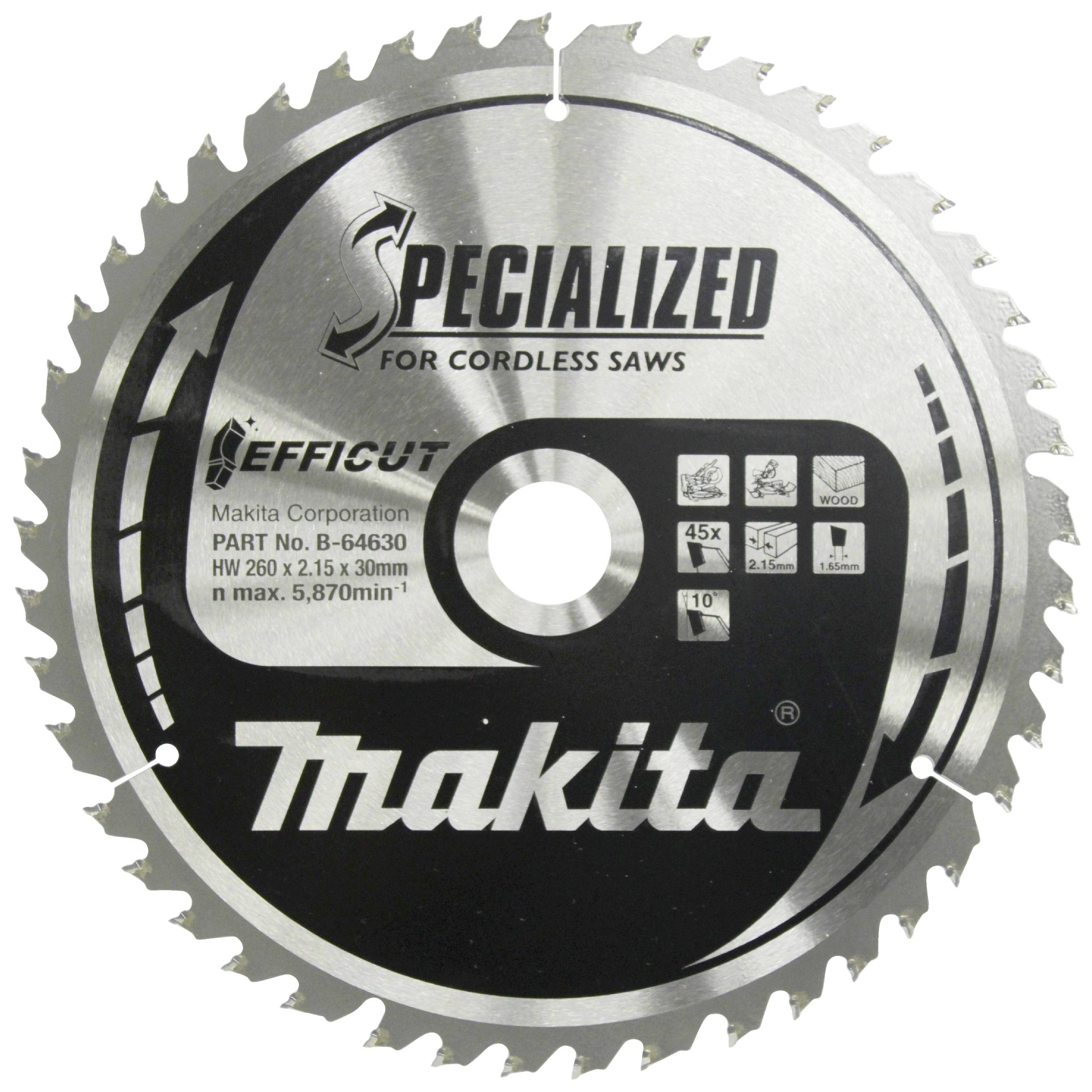 Lame de scie Makita pour scies sans fil, spécialisée pour Efficut. Convient au bois, contreplaqué, MDF. Max. 5 870 tr/min, 260 mm.