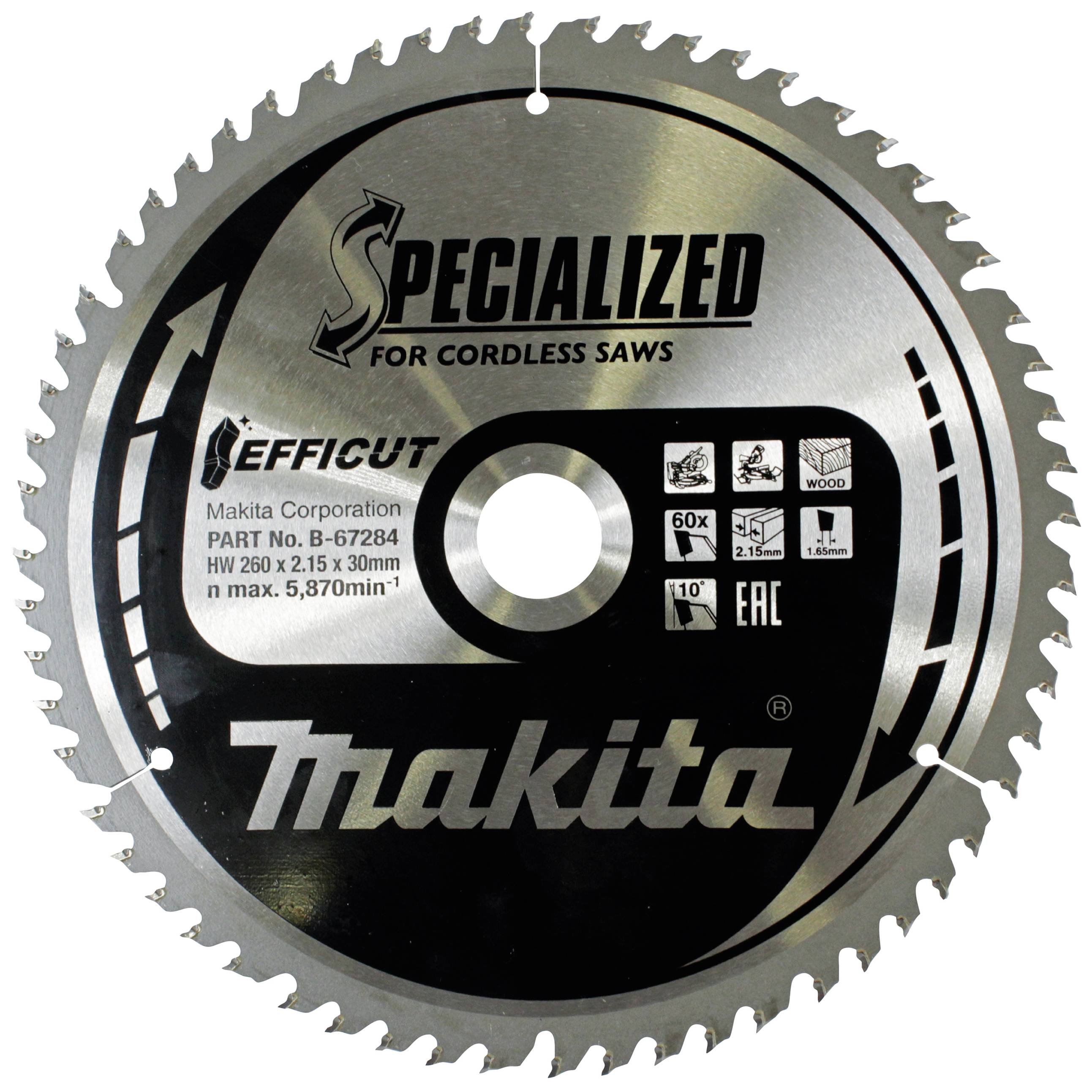 Lame de scie Makita Specialized pour scies sans fil, technologie Efficut, diamètre de 260 mm, épaisseur de 2,15 mm, vitesse maximale de 5 870 tr/min.