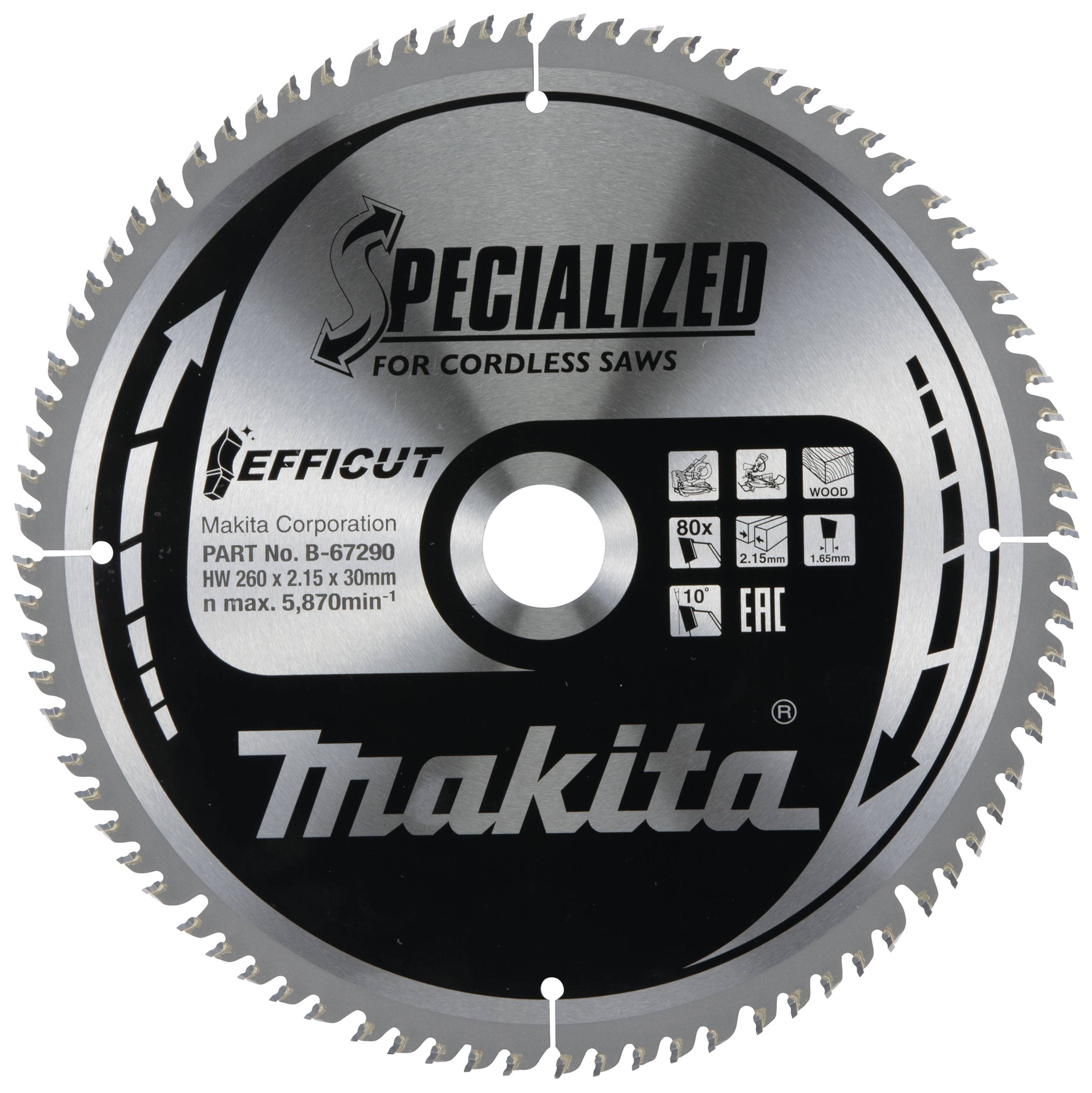 Lame de scie pour scies sans fil Makita Specialized. Diamètre 185 mm, 40 dents, adaptée au bois, Réf. B-07290.