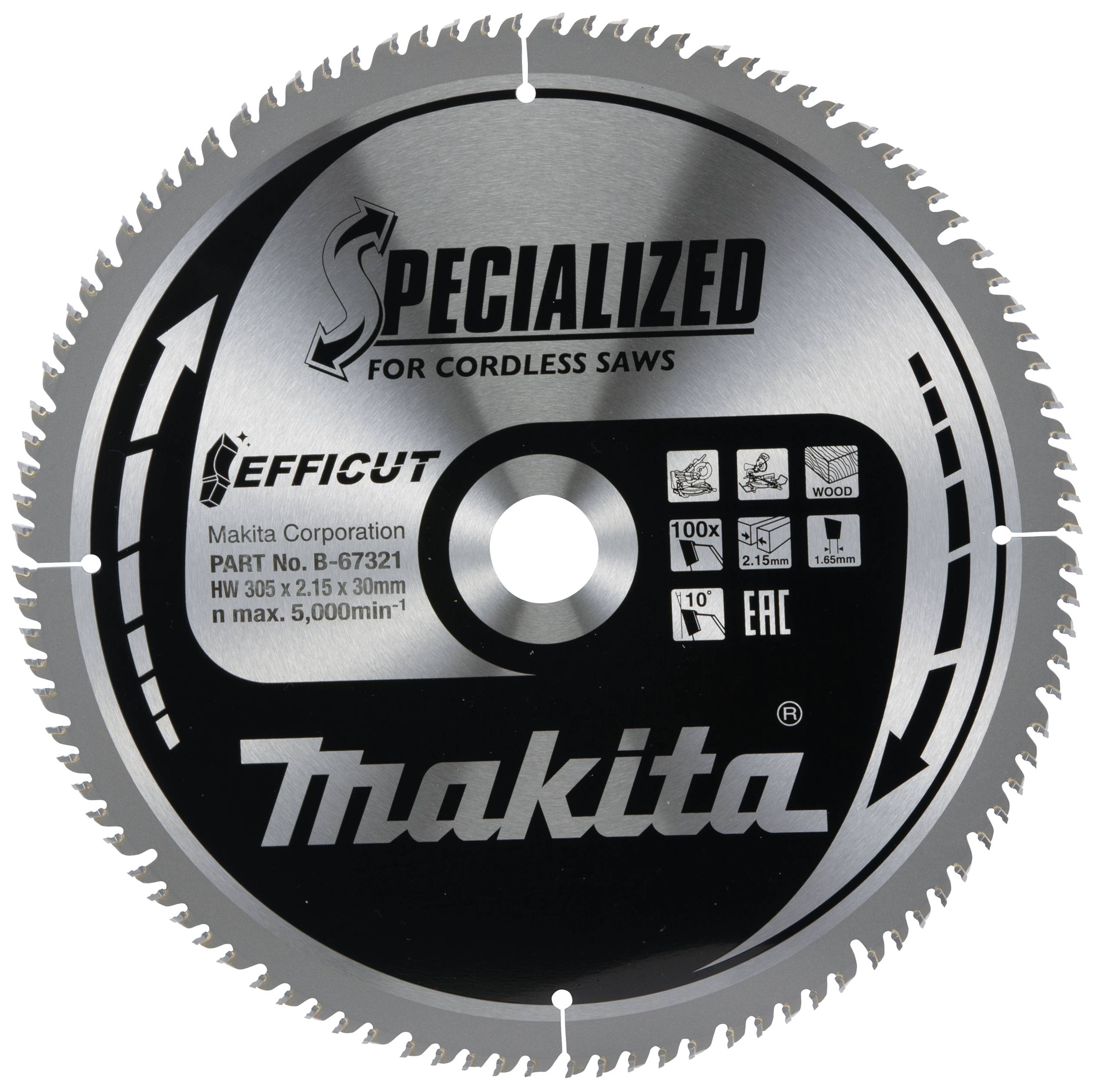 Lame de scie circulaire portant l'inscription 'Spécialisée pour scies sans fil'. Logo Makita, paramètres et symboles pour différents matériaux.