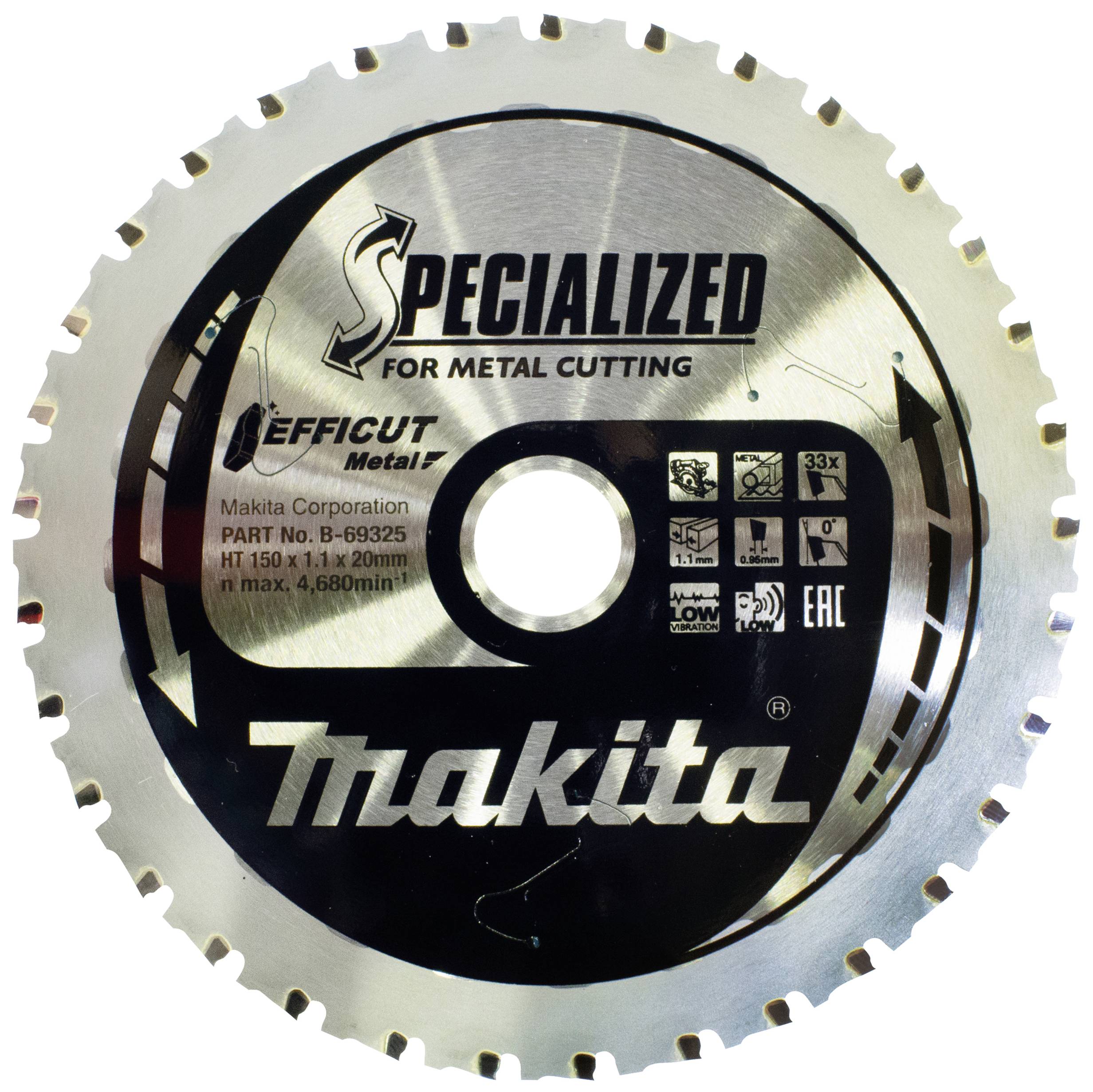 Lame de scie circulaire en métal Makita. Inscription : 'Spécialisée pour la coupe de métal', 'Makita Corporation'. 150 x 1,1 x 20 mm.