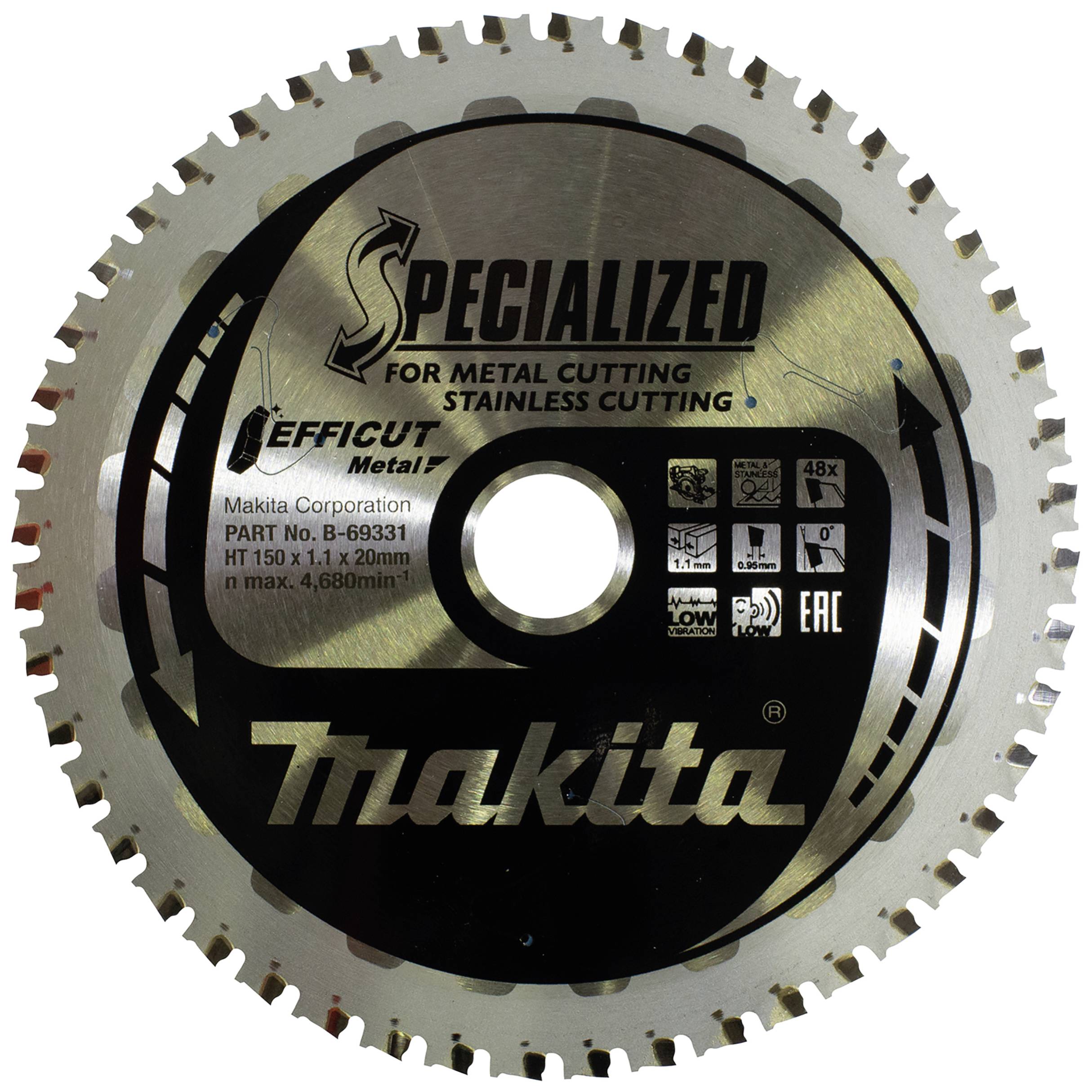 Lame de scie 'Makita' pour l'usinage du métal et de l'acier inoxydable, numéro de modèle B-59331, diamètre 150 mm, alésage 20 mm.